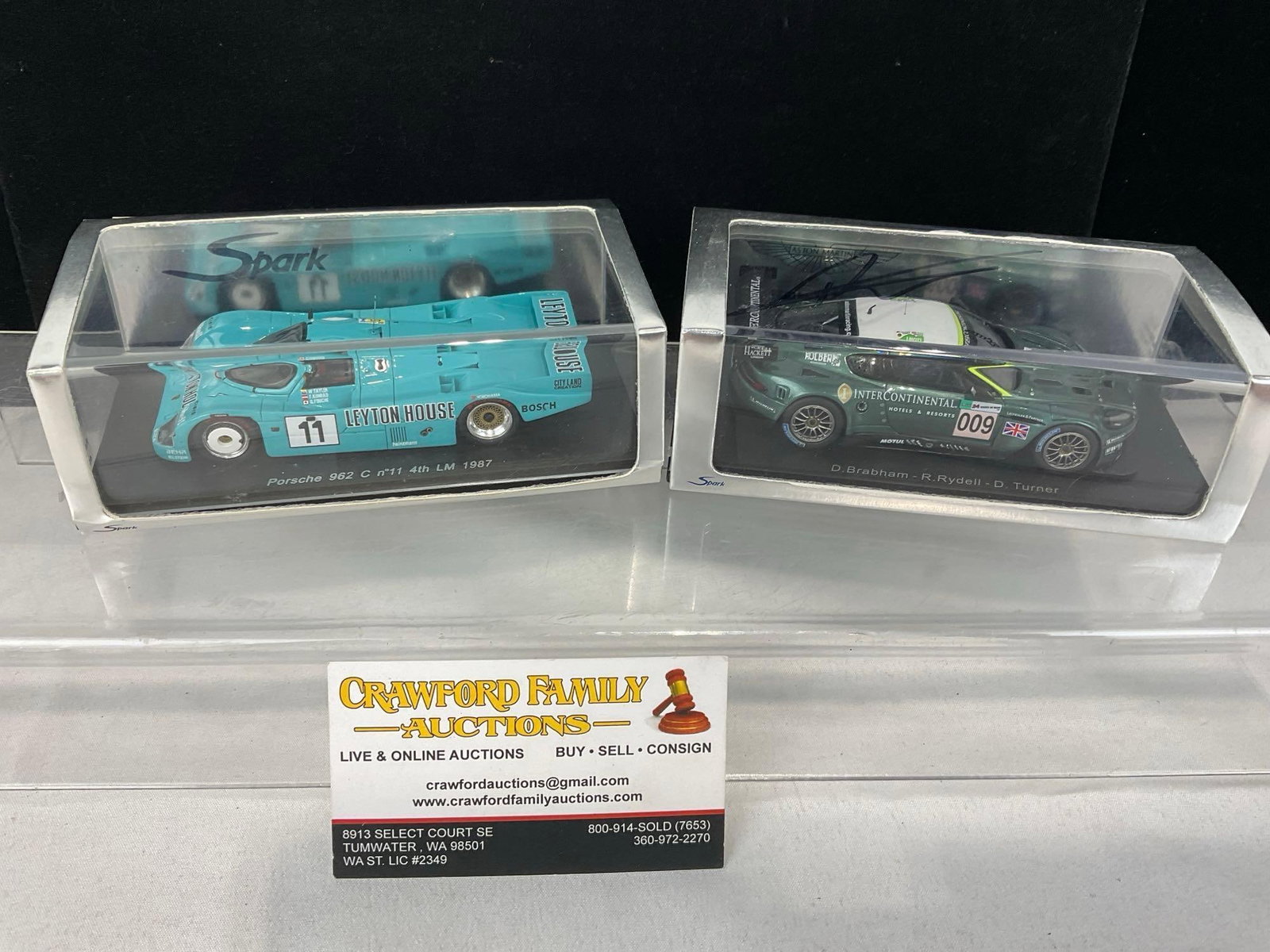 2 Spark 1/43 Scale Diecast Cars, 1987 Porsche 962C & 2007 Aston Martin DBR9, signed by Darren Tur...: 1 is signed by Darren Turner. All from the same collection. Appears to be in good shape. The piece measures approx 7h x 7w x 4d inches. See pics. E-5420 