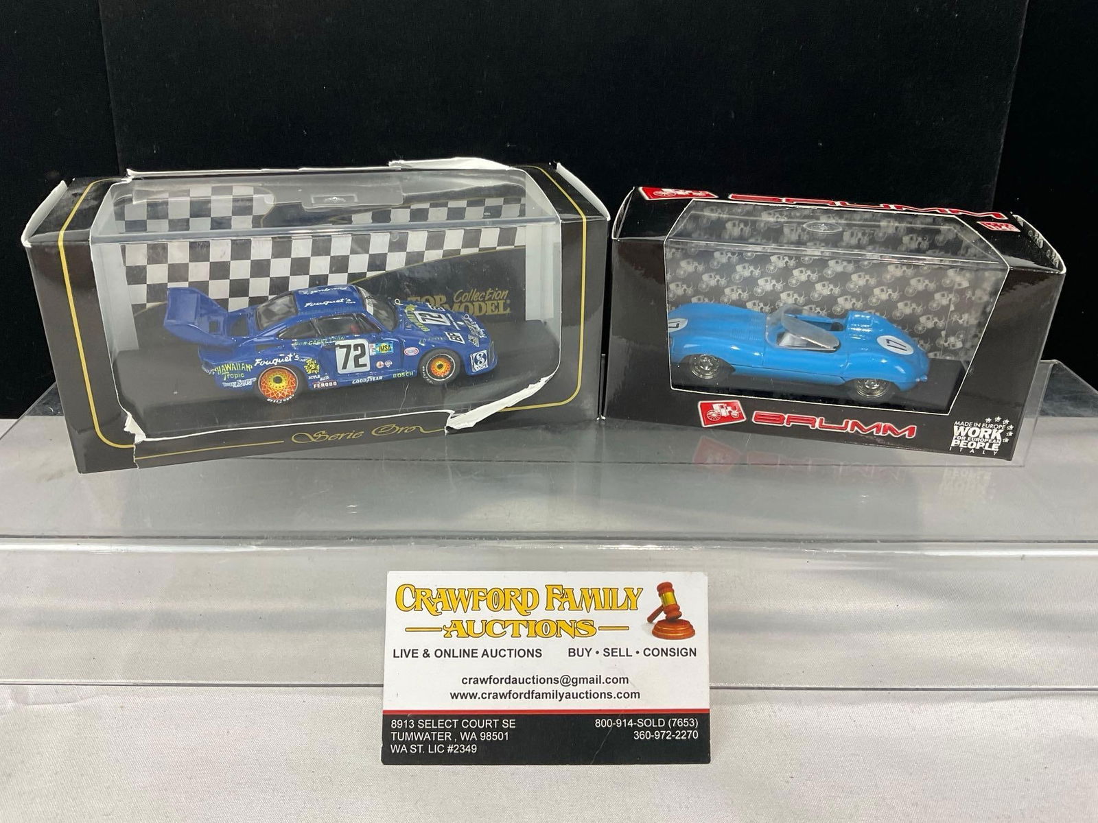 2 1/43 Scale Diecast Cars, Jaguar D type Le Mans 1957 & Le Mans 1979 Porsche 935 #72 Hawaiian Tro...: All from the same collection. Appears to be in good shape. The piece measures approx 6h x 7w x 4d inches. See pics. E-5420