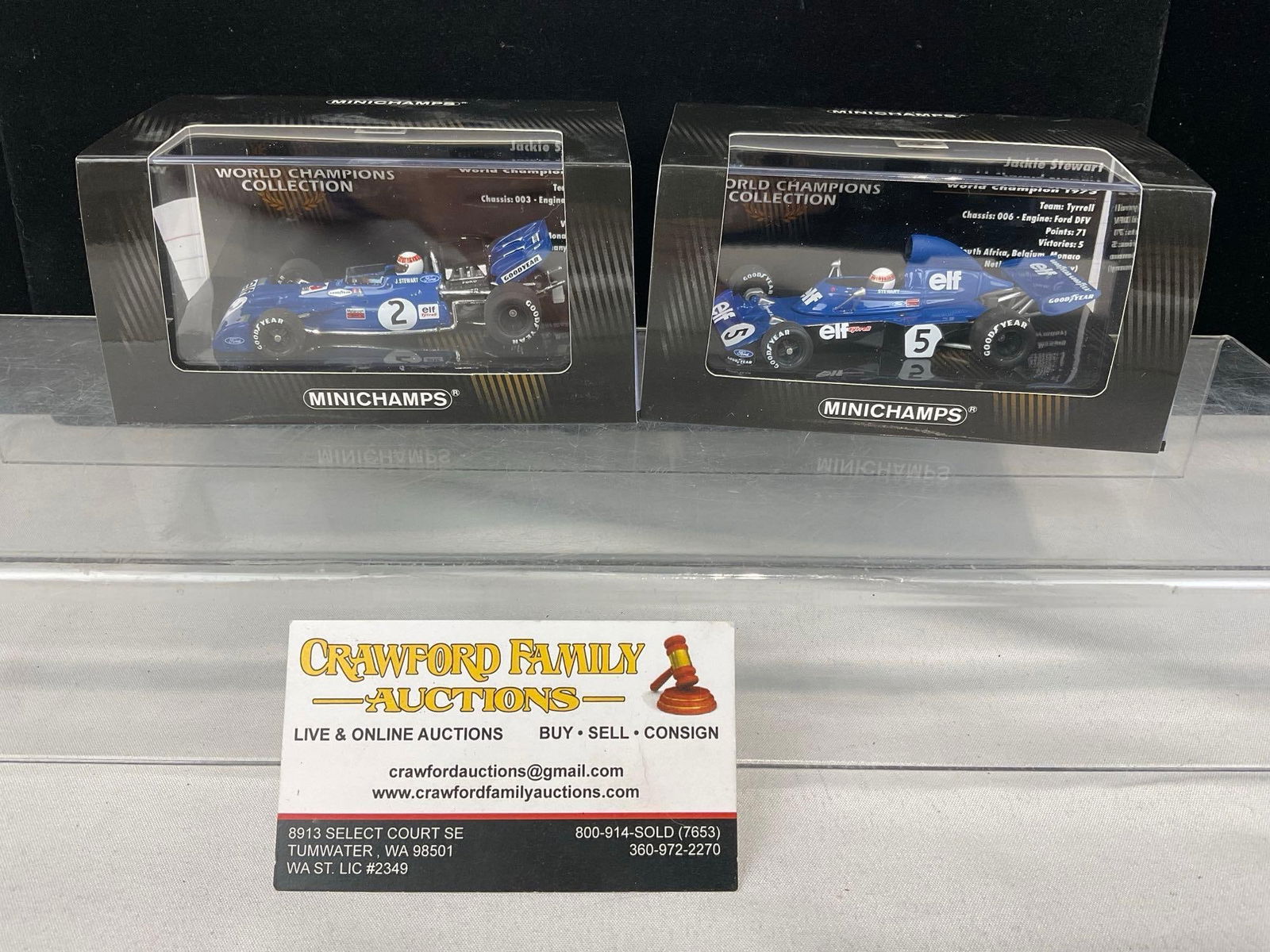 2 Minichamps 1/43 Scale Diecast Cars 1971 & 1973 Jackie Stewart Tyrrell Ford World Champion: All from the same collection. Appears to be in good shape. The piece measures approx 7h x 7w x 4d inches. See pics. E-5420 