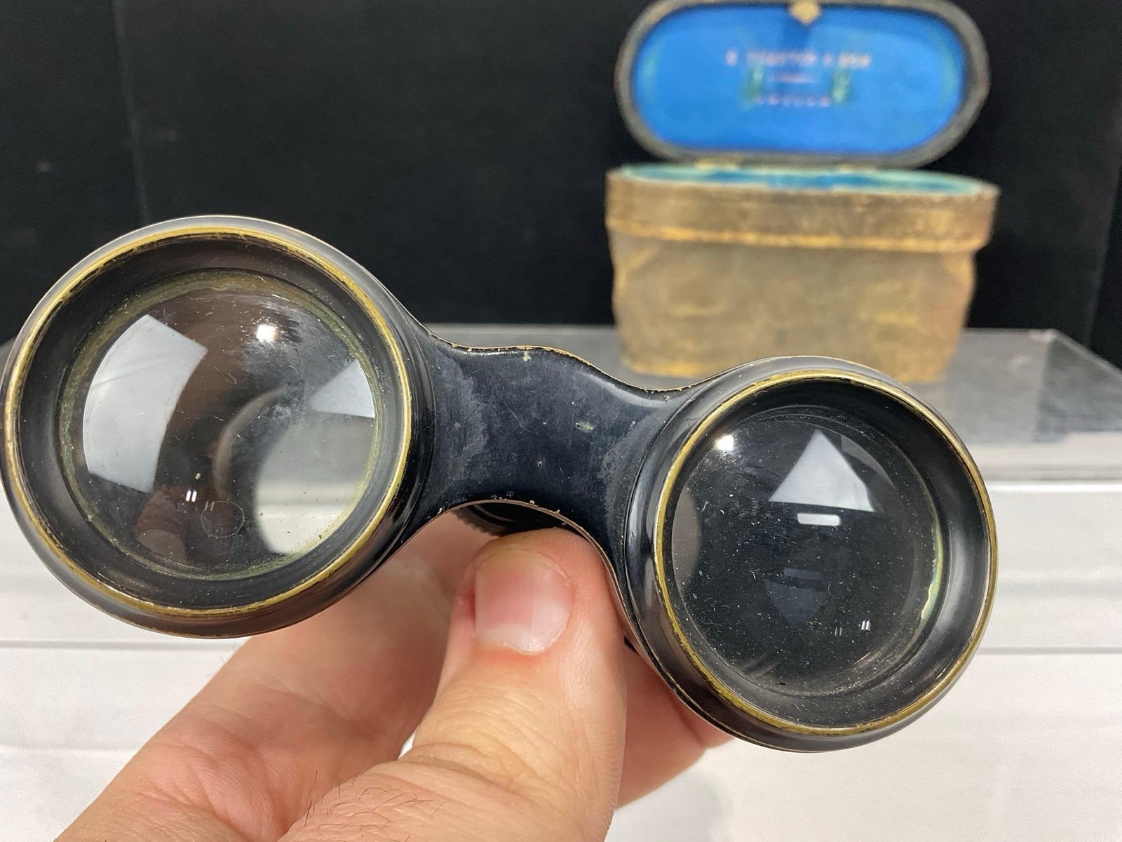 Early 20th Century S. Thaxter & Son Boston Opera Glasses w/ Leather Case, w/blue velvet inside - 4