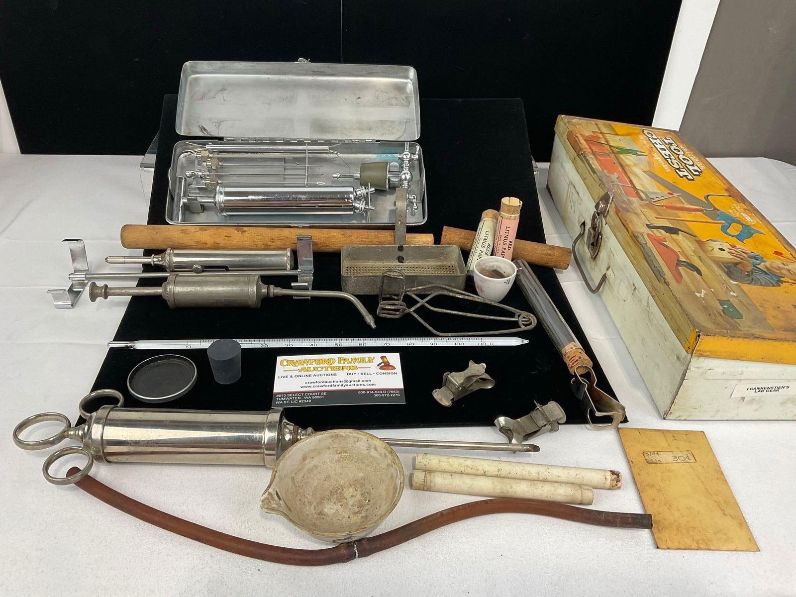 Asst Syringes, Glass Thermometer, Clips, Sklar Chrome Kit, Litmus Paper, American Tool Chest Toy: Appears to be in fair to good shape. The piece measures approx 4h x 15w x 6d inches. See pics. E-5360 