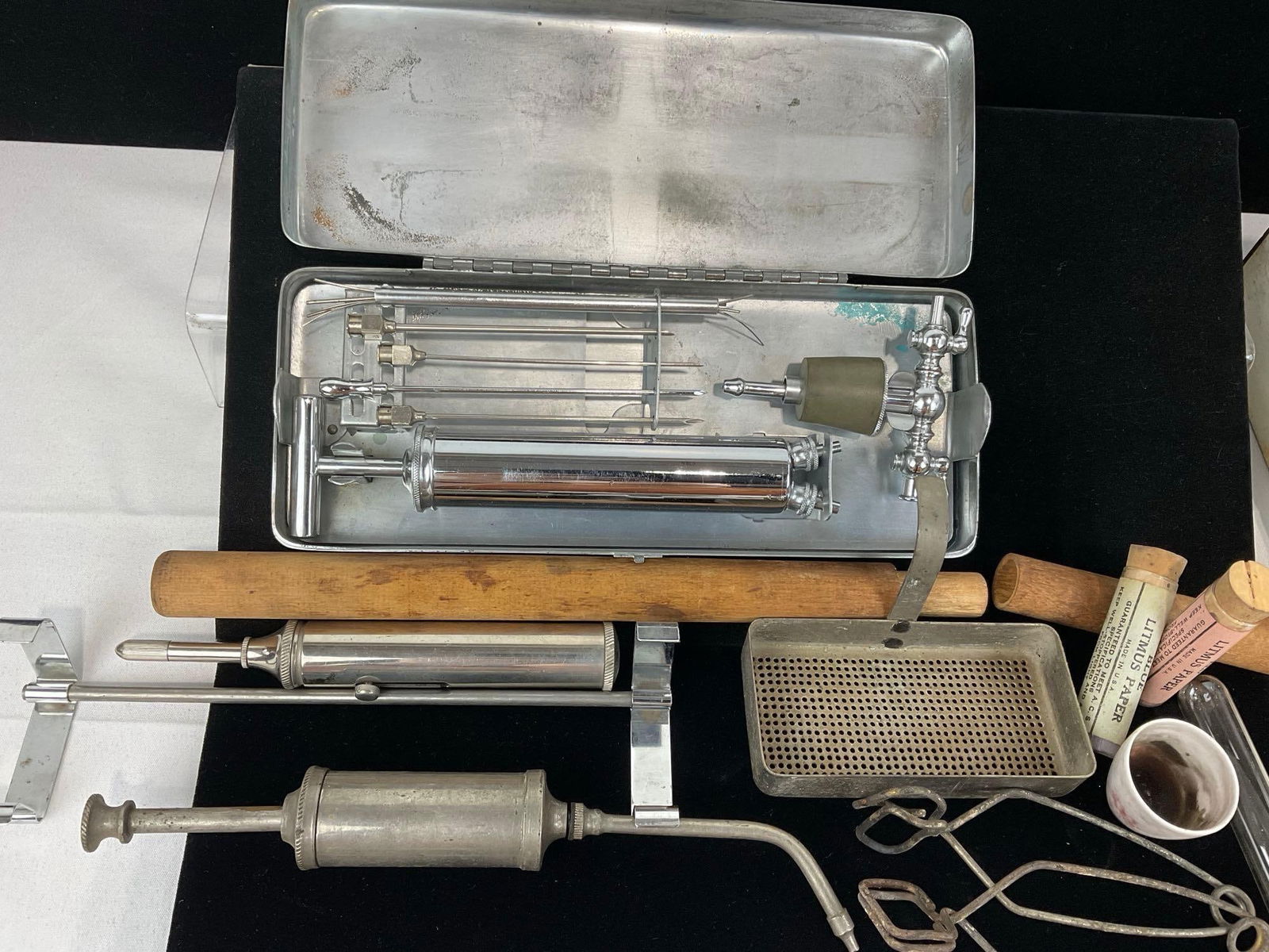 Asst Syringes, Glass Thermometer, Clips, Sklar Chrome Kit, Litmus Paper, American Tool Chest Toy - 2