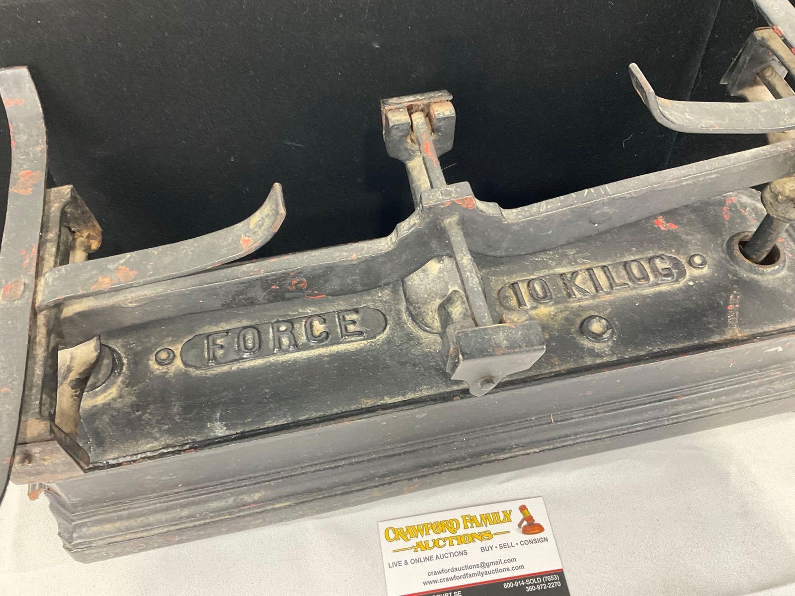 Early 20th Century Cast Iron Scale, Force 10 Kilos, one tine broken off, 9h x 21w x 10d inches - 2
