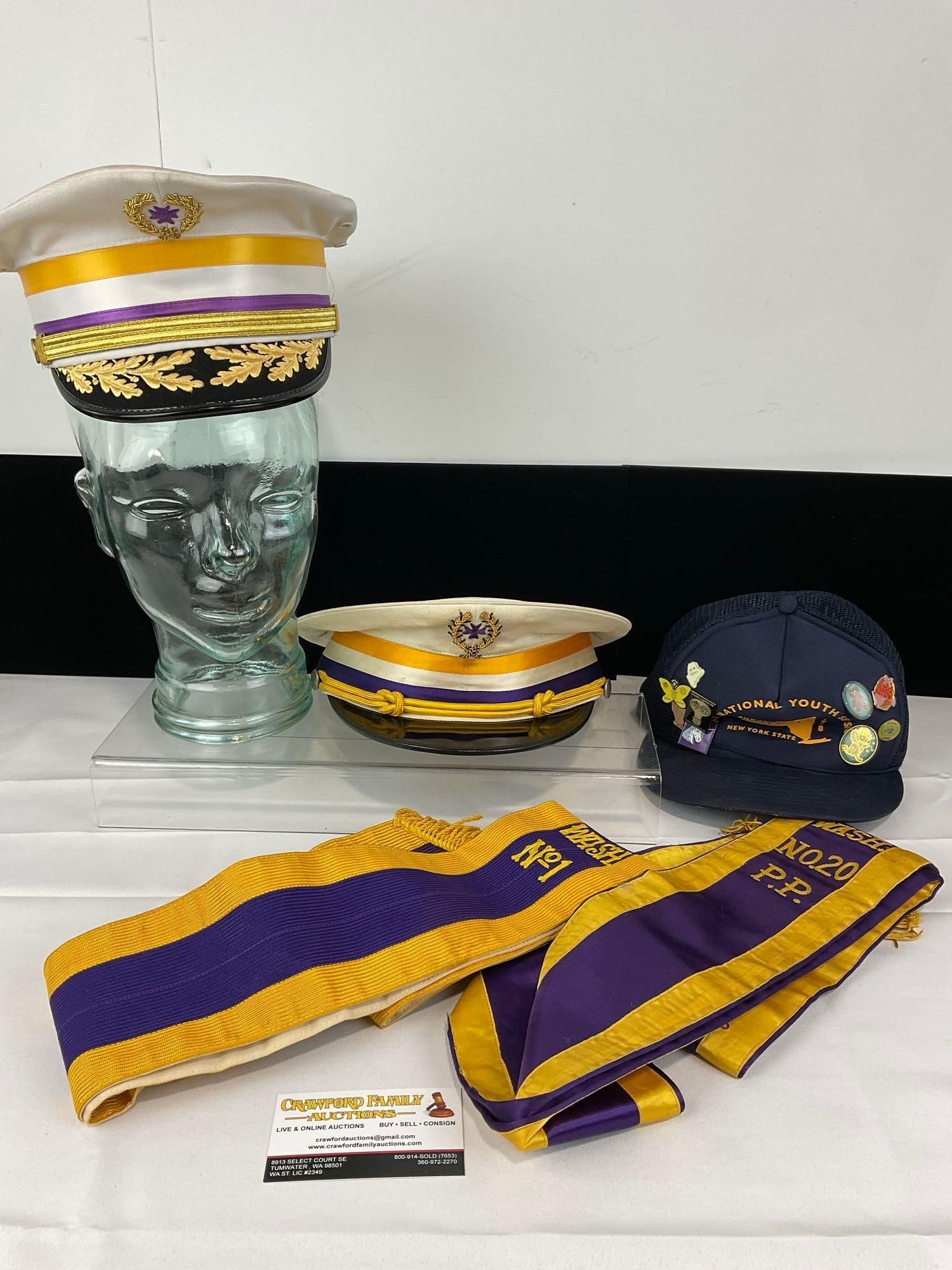 Pair of Fraternal Hats & 2 Sashes, Patriarchs Militant Caps, Independent Order of Odd Fellows: Appears to be in good shape. The piece measures approx 9h x 12w x 12d inches. See pics. E-5300 