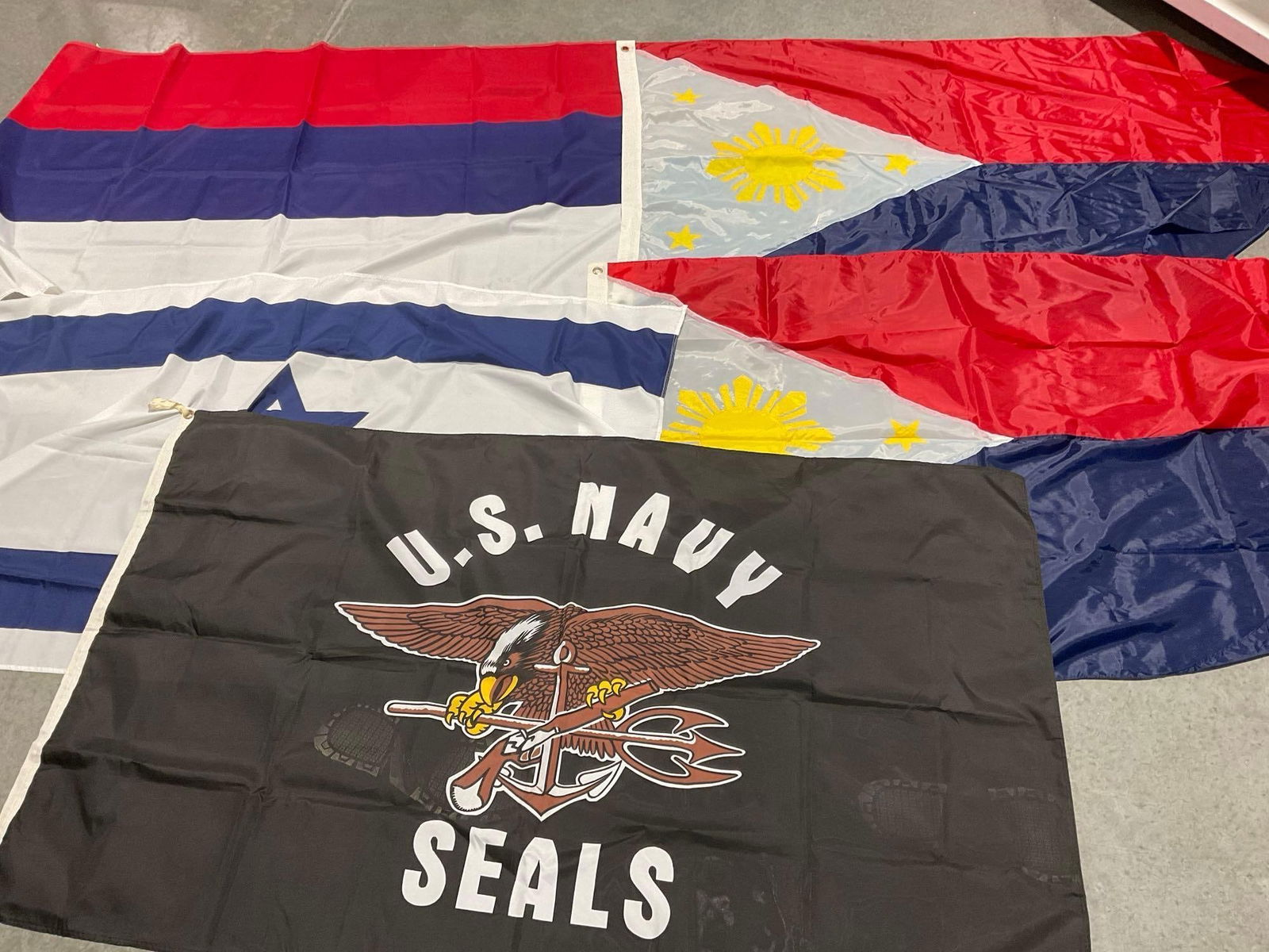 5 Flags, US Navy Seals, 2 Philippines, Israel & Russia, approx 3 x 2 feet: Appears to be in fair to good shape. They measure approx 5h x 12w x 6d inches when rolled. See pics. E-5300 