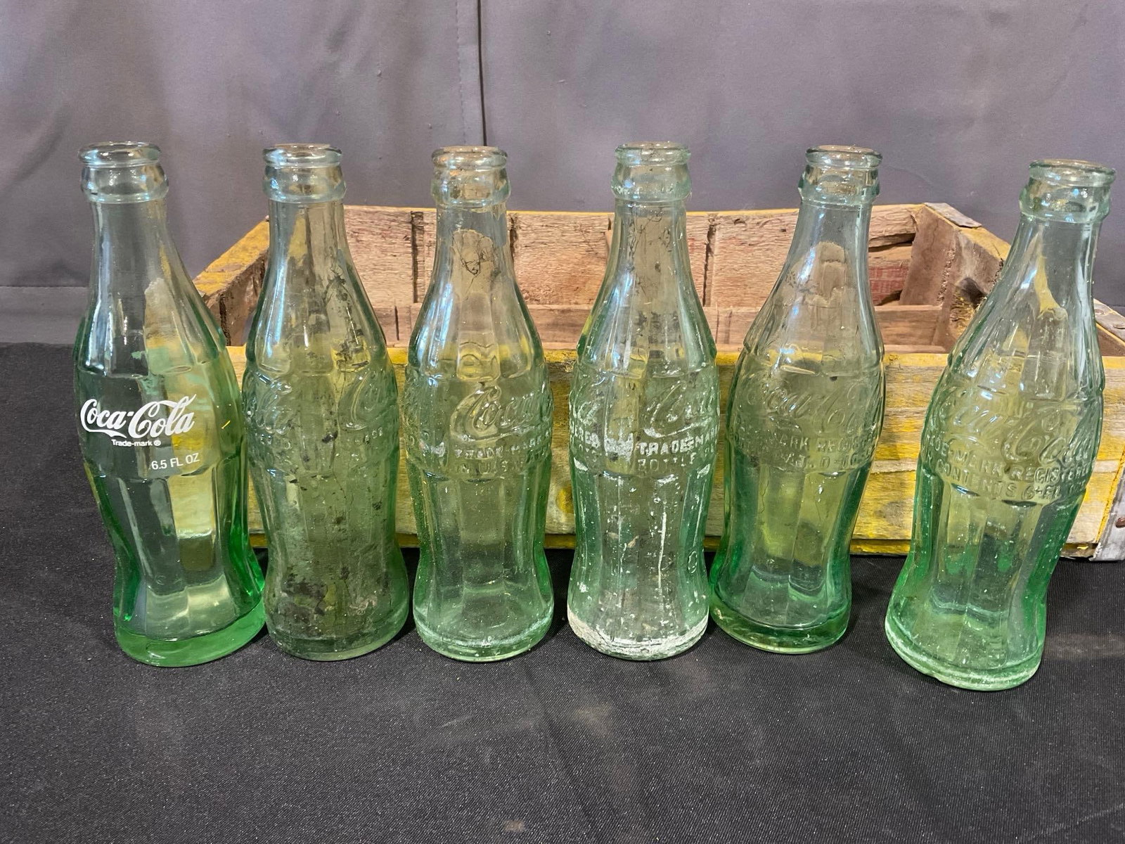 Vintage Wood & Iron Bottle Carrier, likely Coca-Cola, w/ 6 Green Glass 6.5 oz Coca-Cola Bottles - 3