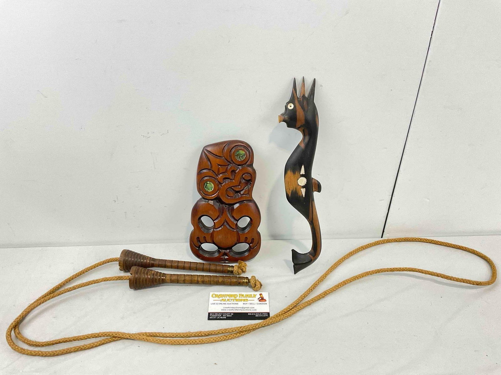 3 pcs Vintage Wooden Collection, incl. New Zealand Maori Fertility Icon w/ Abalone Inlay Eyes.: 3 pcs Vintage Wooden Collection, incl. New Zealand Maori Fertility Icon w/ Abalone Inlay Eyes. Minor wear indicative of age, condition is otherwise very good. Largest measures 5" x 5" x 10"