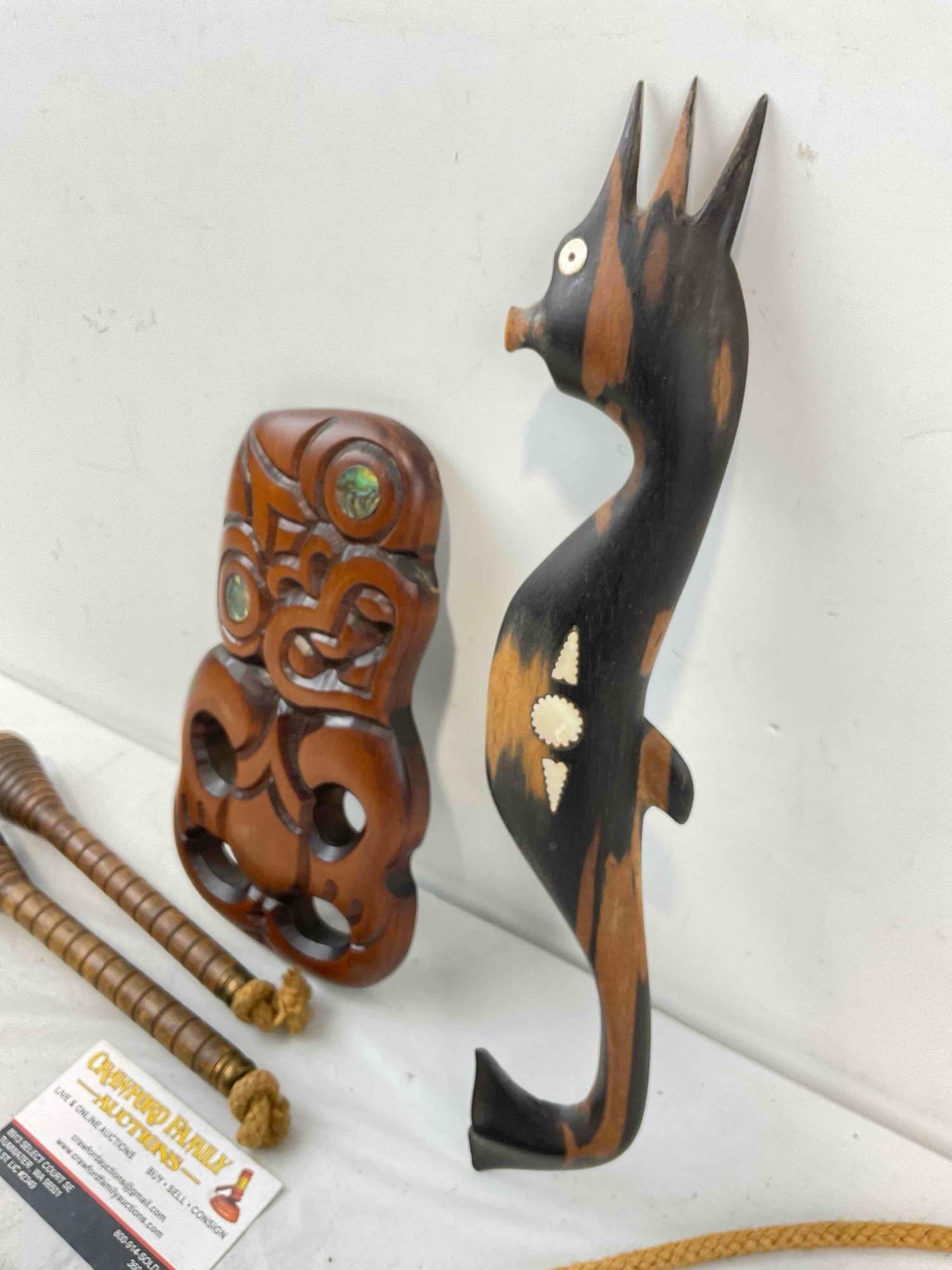 3 pcs Vintage Wooden Collection, incl. New Zealand Maori Fertility Icon w/ Abalone Inlay Eyes. - 2