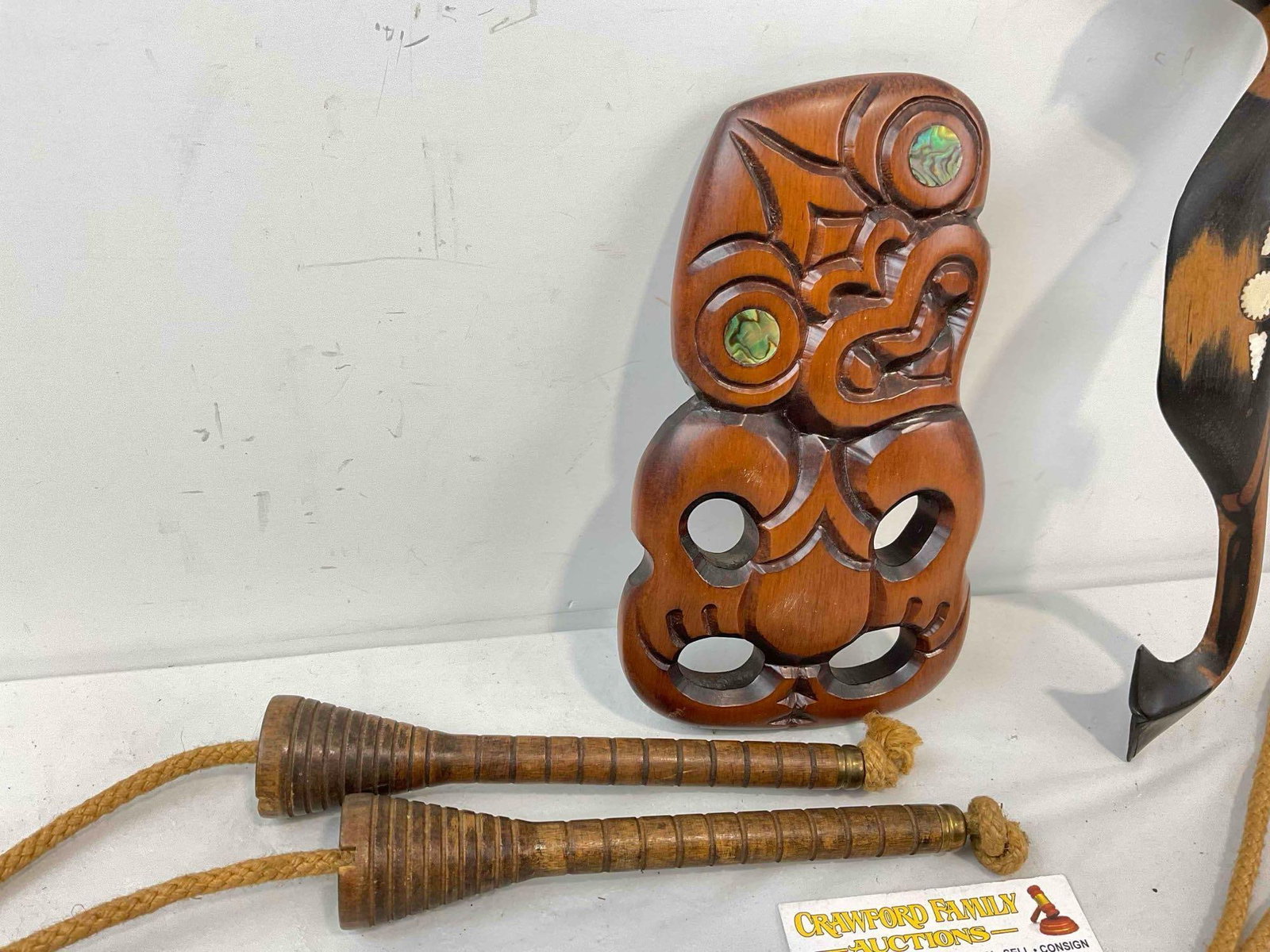 3 pcs Vintage Wooden Collection, incl. New Zealand Maori Fertility Icon w/ Abalone Inlay Eyes. - 3