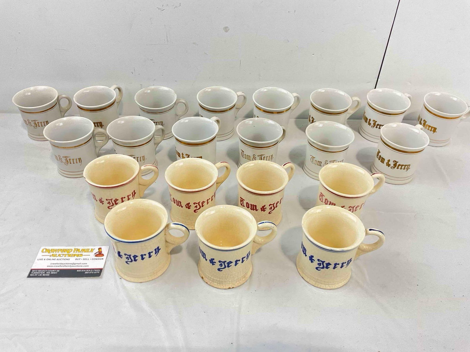 21 pcs Vintage Made in Japan Ceramic Tom & Jerry Cocktail Punch Mugs. Very Good Condition.: 21 pcs Vintage Made in Japan Ceramic Tom & Jerry Cocktail Punch Mugs. Very Good Condition. Minor wear indicative of age, condition is otherwise very good. Largest measures 3" x 4" x 4" DM-5360