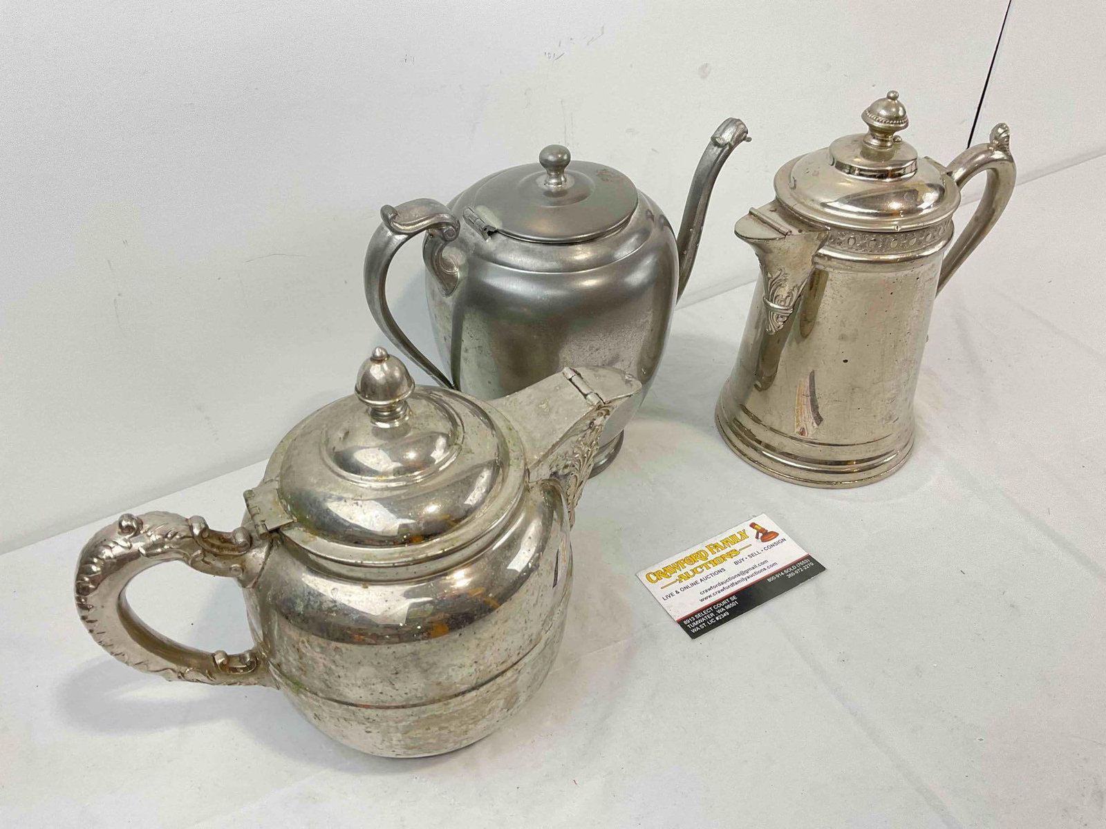 3 pcs Vintage Metal Tea Pots, incl. 1x Silvercraft Pewter & 1x Rochester Silver Plated. See pics. - 3