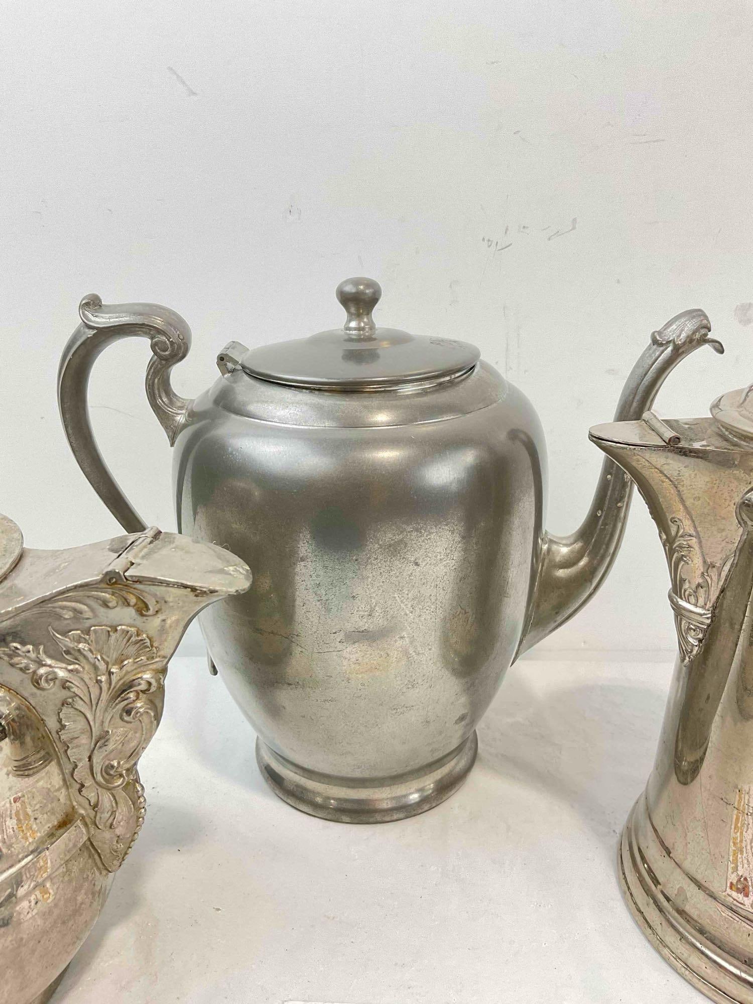3 pcs Vintage Metal Tea Pots, incl. 1x Silvercraft Pewter & 1x Rochester Silver Plated. See pics. - 5