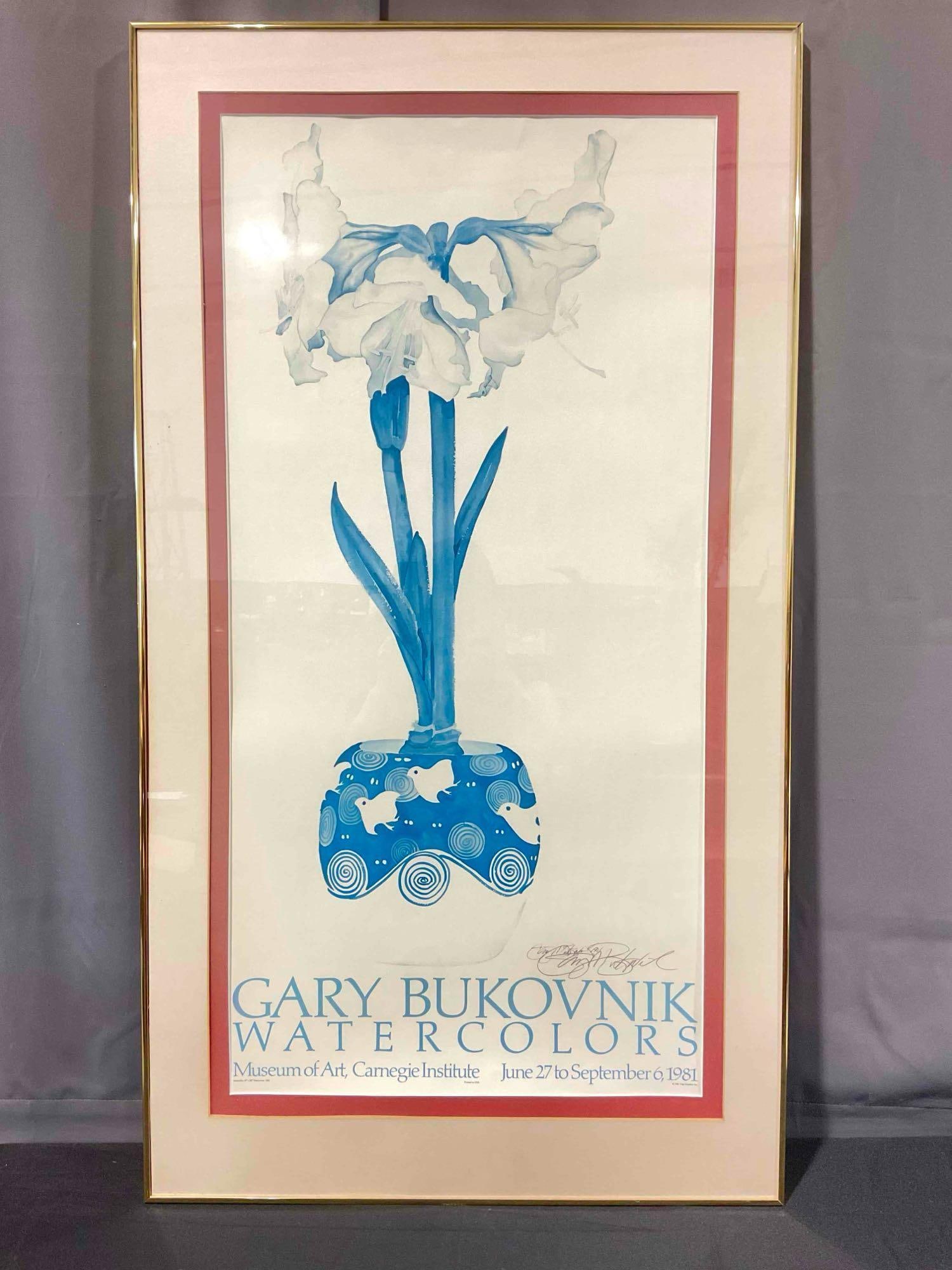 Vintage Framed Signed Gary Bukovnik "Amaryllis" Watercolor Print. Very Good Condition. See pics.: Vintage Framed Signed Gary Bukovnik Watercolor Print of Amaryllis. very Good Condition. Sun faded, otherwise in very good condition. Measures 26" x 2" x 47" In gold color metal frame w/ glass pane