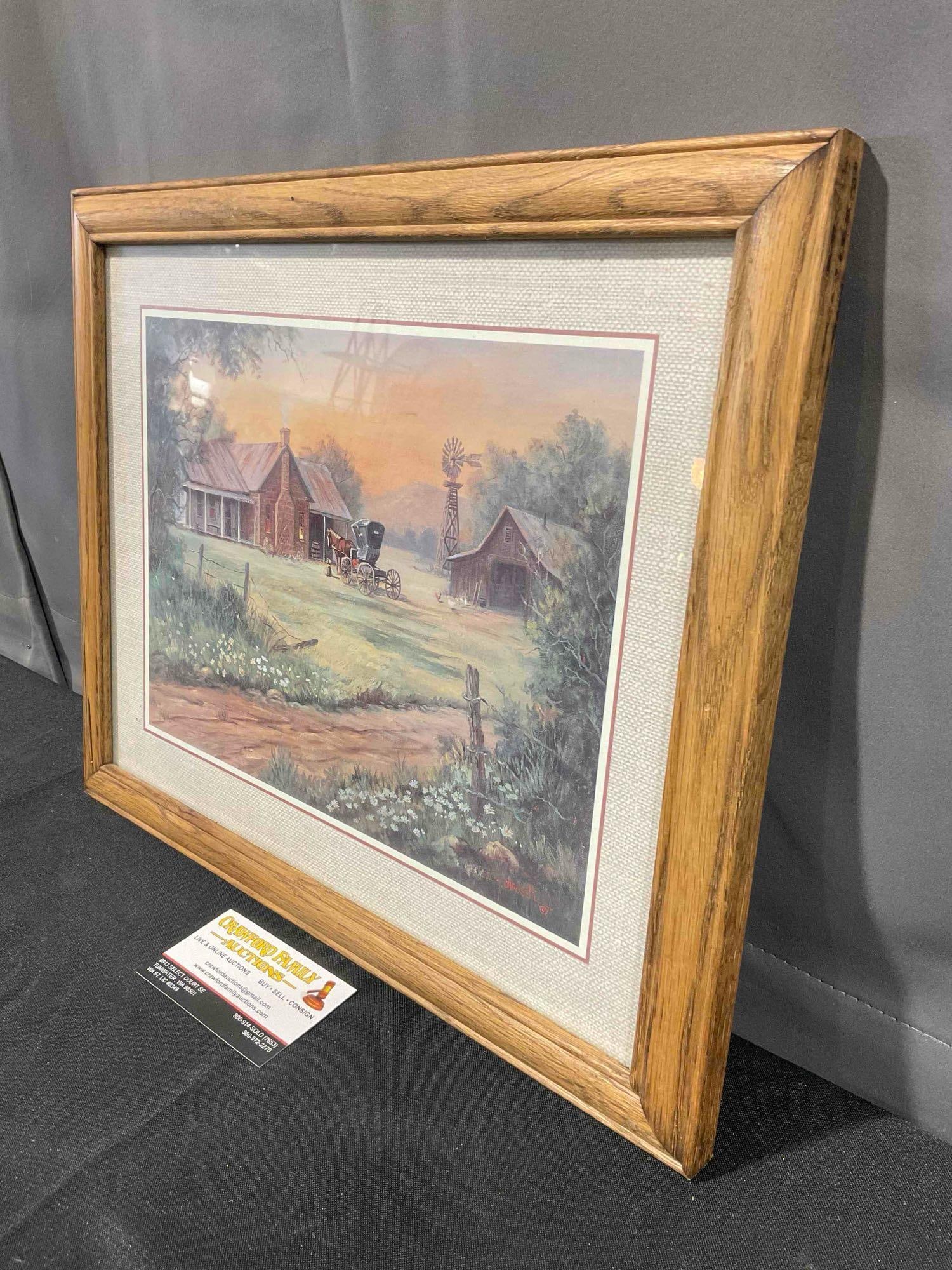 Vintage Framed Print "Barn House w/ Horse & Buggy" by M. Caroselli. Very Good Condition. - 3