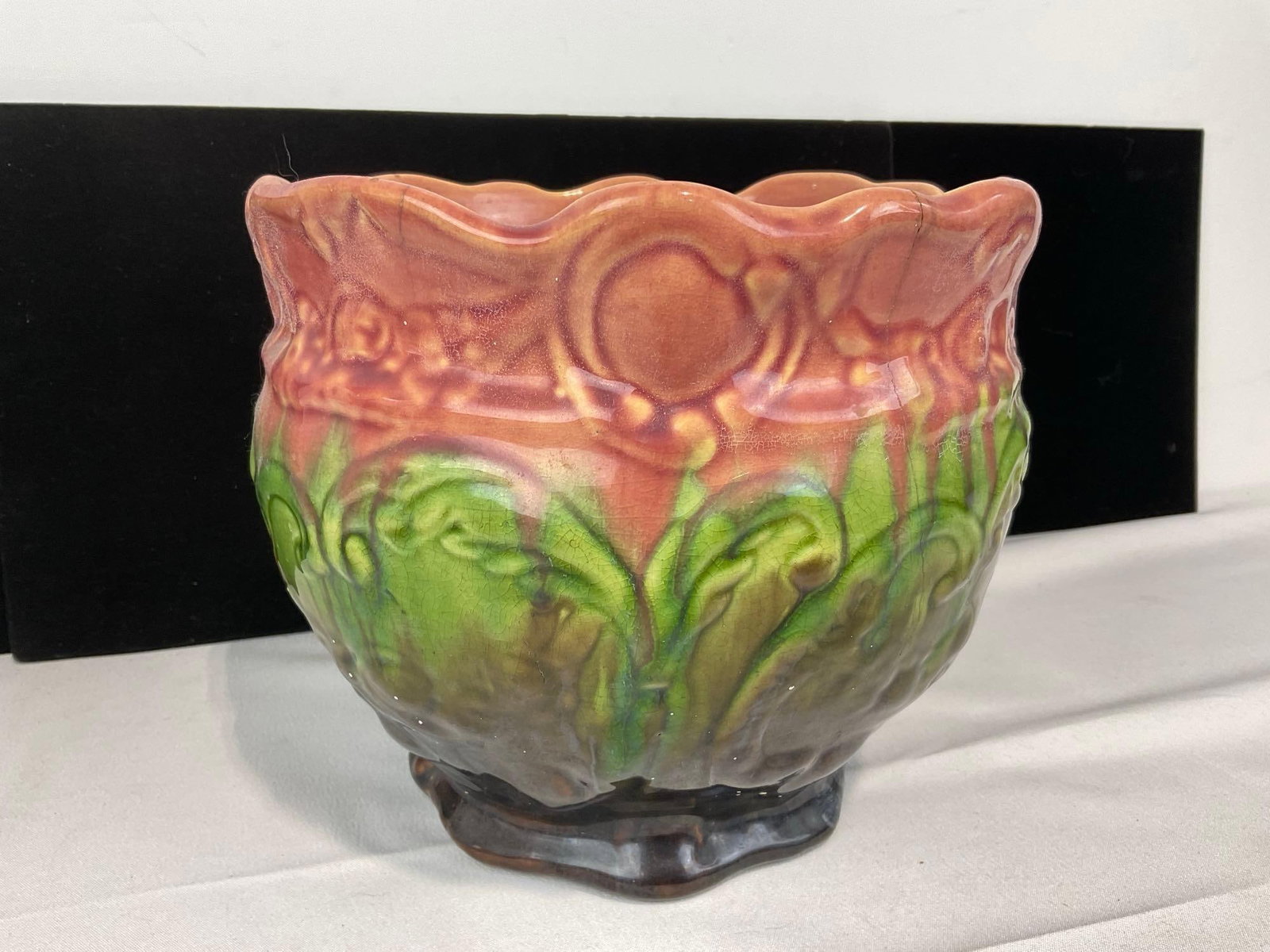 Vintage Weller Pottery Jardiniere Planter, Pink/Green/Brown Majolica Glaze, some wear, 8h x 9w x 9d - 2