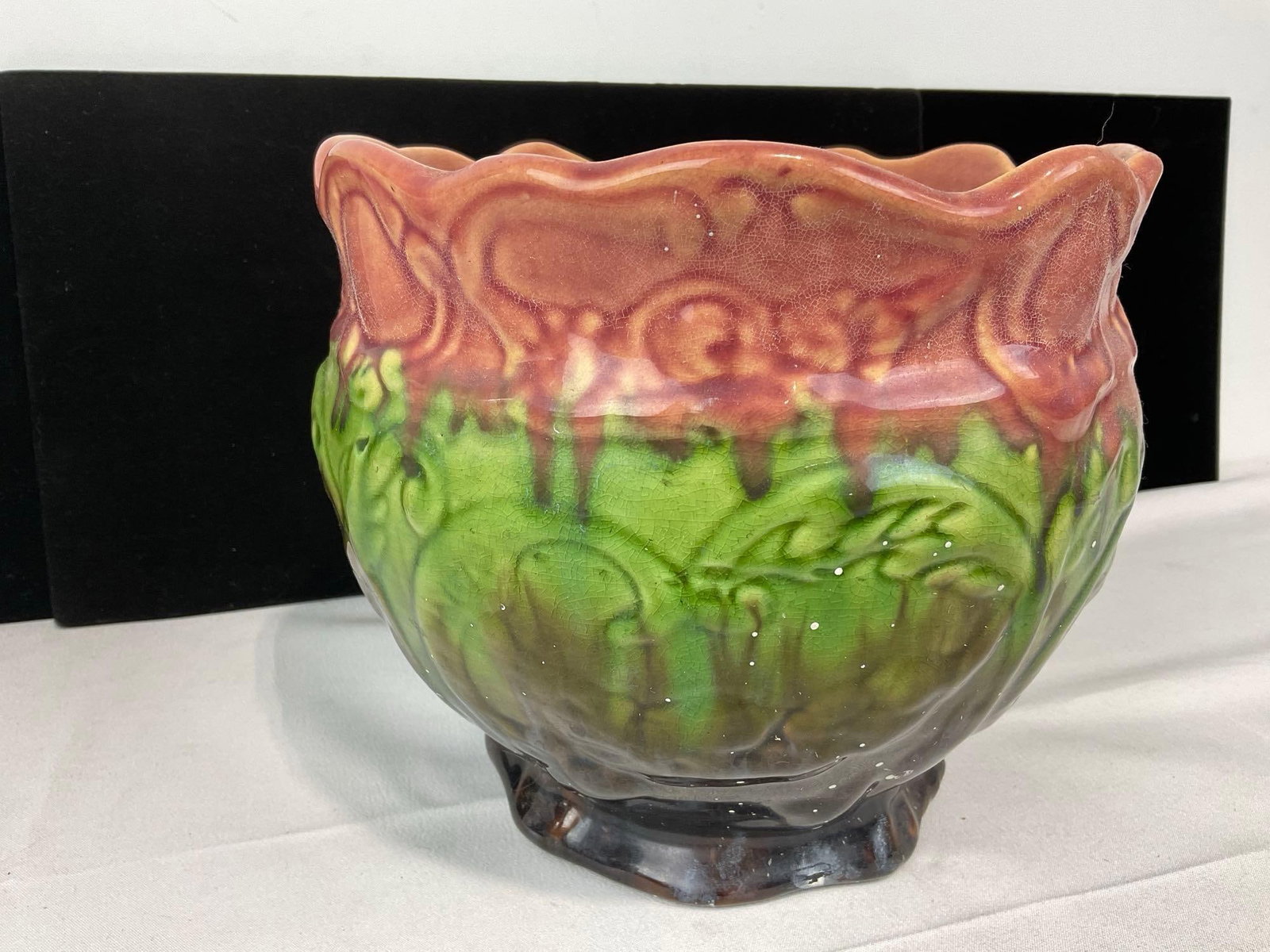 Vintage Weller Pottery Jardiniere Planter, Pink/Green/Brown Majolica Glaze, some wear, 8h x 9w x 9d - 3