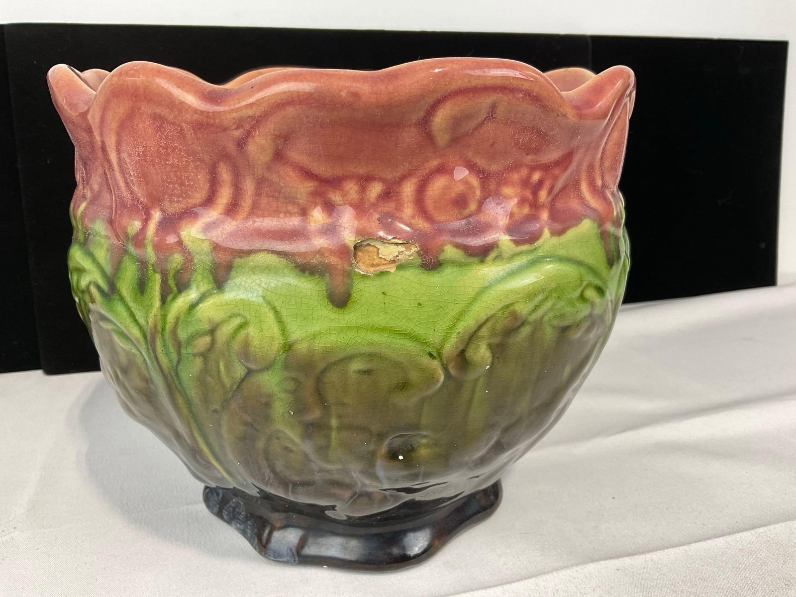 Vintage Weller Pottery Jardiniere Planter, Pink/Green/Brown Majolica Glaze, some wear, 8h x 9w x 9d - 4
