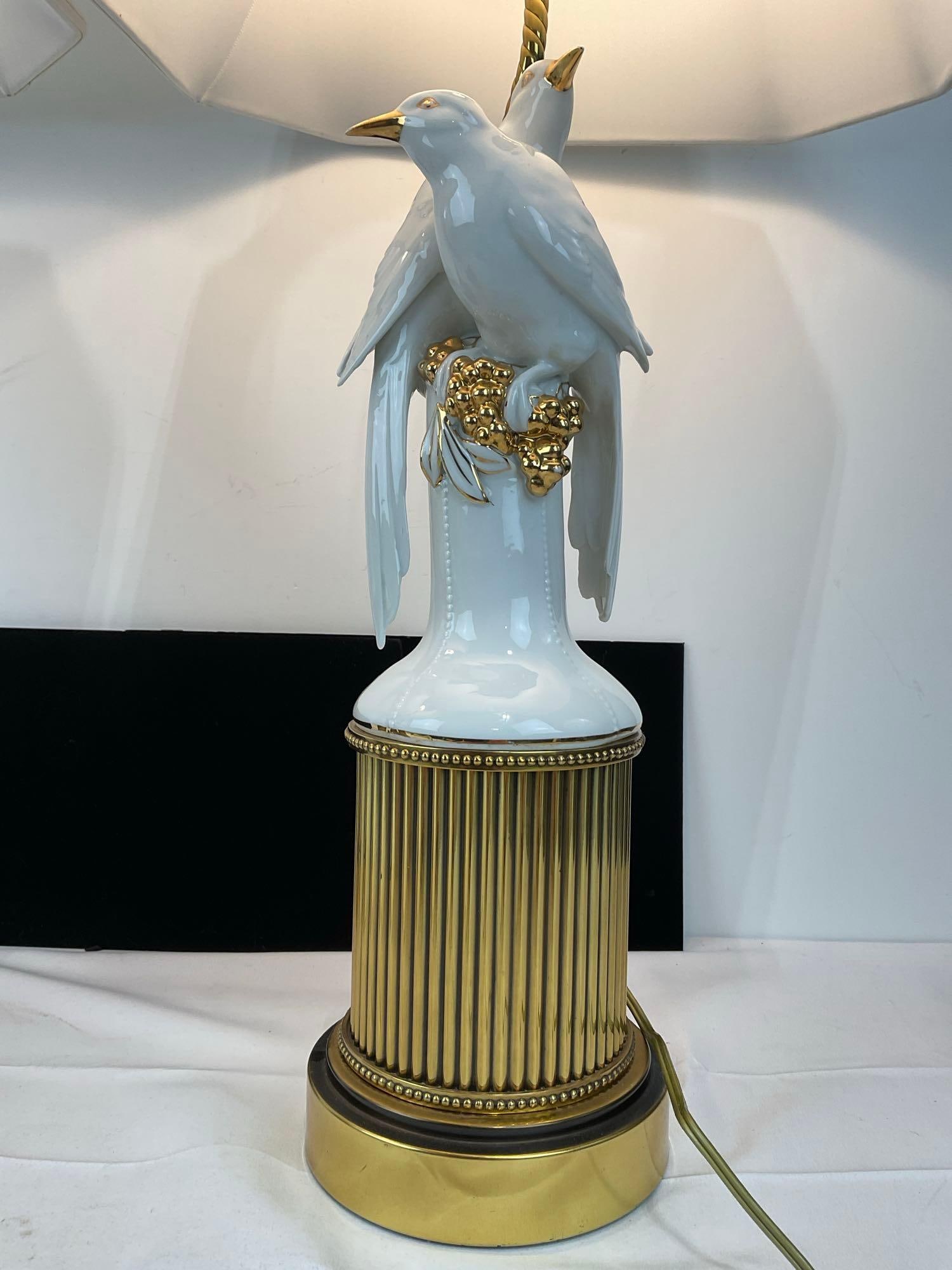 Pair of White Porcelain Lamps, w/Doves, Gilt Grape Clusters, w/ White Shades, tested & working - 2