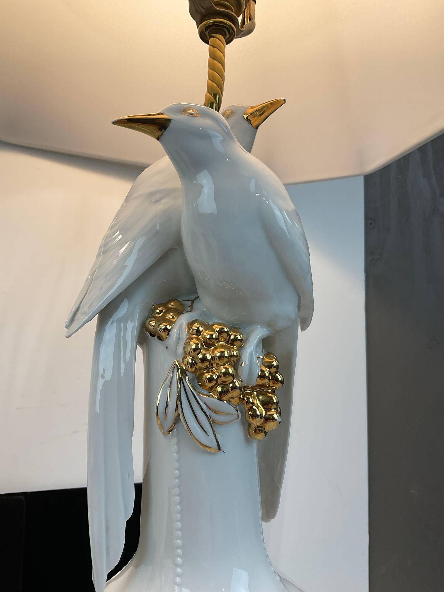 Pair of White Porcelain Lamps, w/Doves, Gilt Grape Clusters, w/ White Shades, tested & working - 3