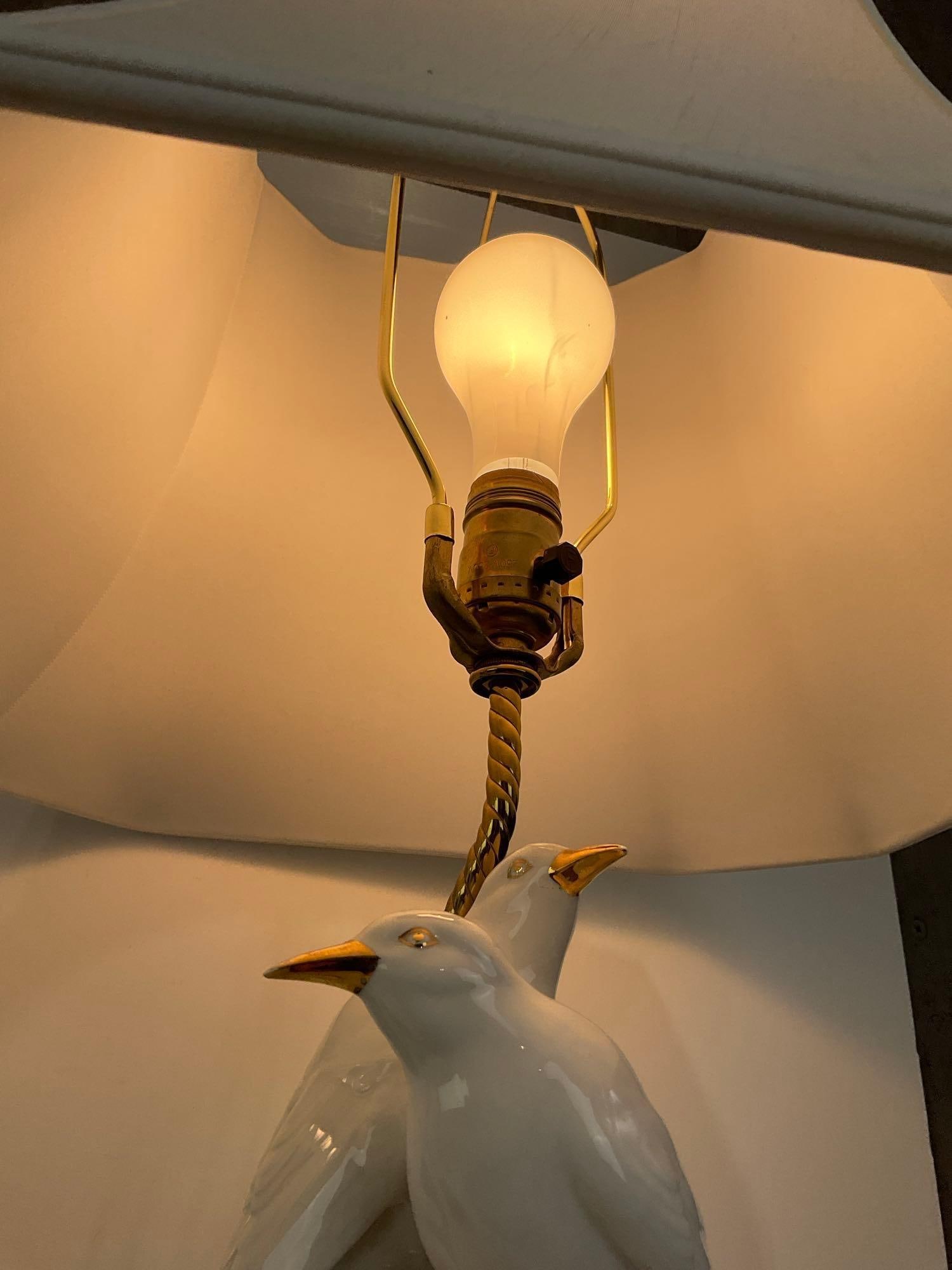 Pair of White Porcelain Lamps, w/Doves, Gilt Grape Clusters, w/ White Shades, tested & working - 4