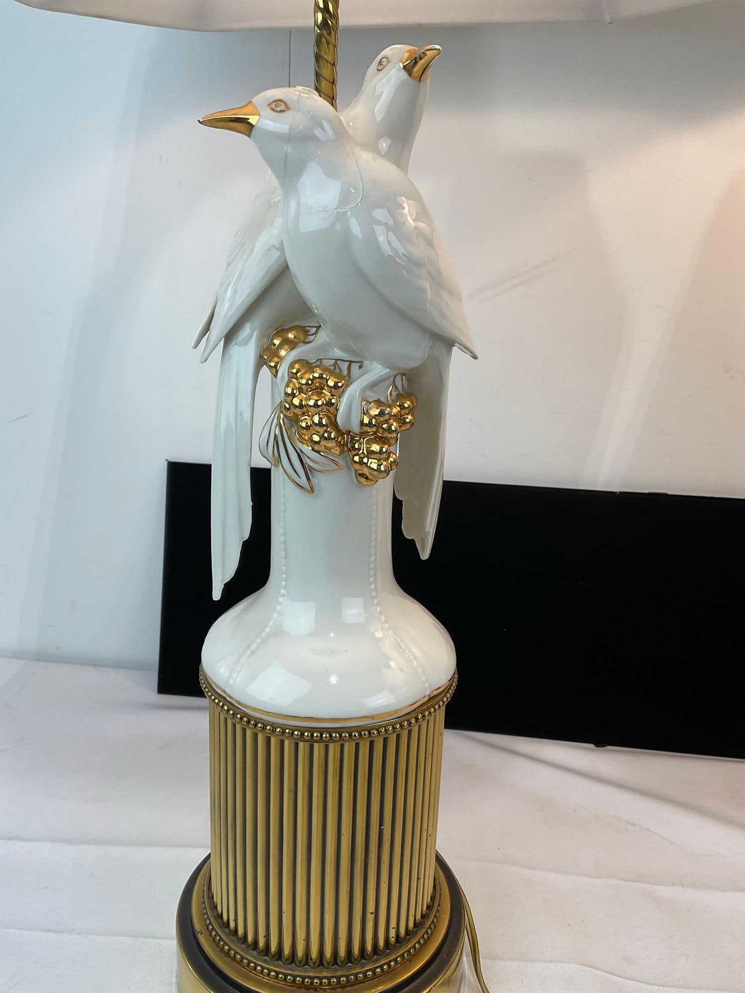 Pair of White Porcelain Lamps, w/Doves, Gilt Grape Clusters, w/ White Shades, tested & working - 5