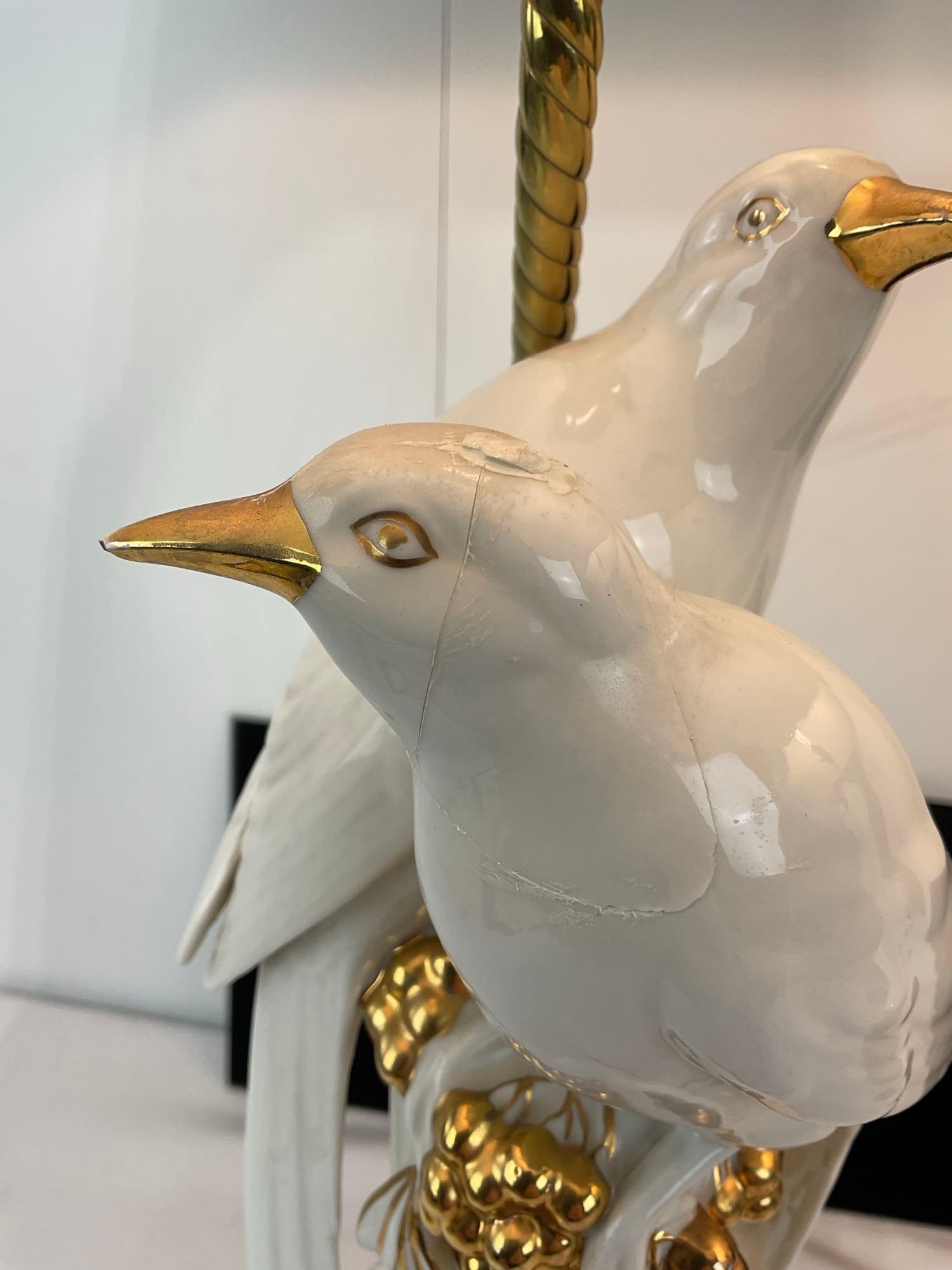 Pair of White Porcelain Lamps, w/Doves, Gilt Grape Clusters, w/ White Shades, tested & working - 7