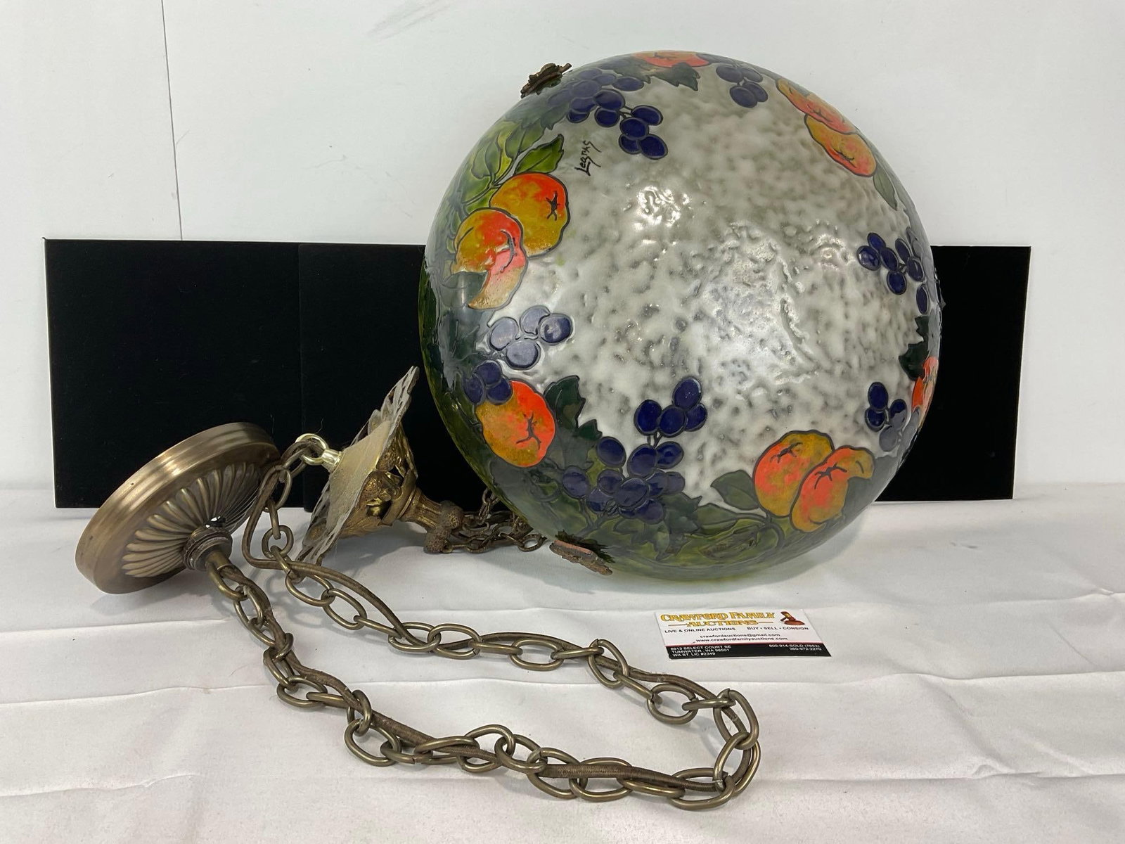 Chandelier w/Reverse Painted Glass Globe, Fruit Designs, Hardwired, untested: Appears to be in good shape. The piece measures approx 9h x 17w x 14d inches. See pics. E-5520 