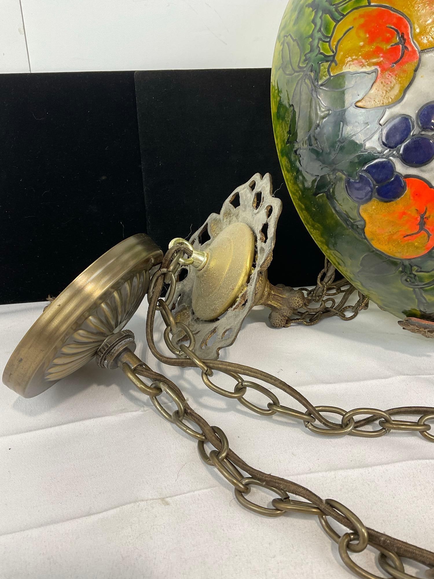 Chandelier w/Reverse Painted Glass Globe, Fruit Designs, Hardwired, untested - 3