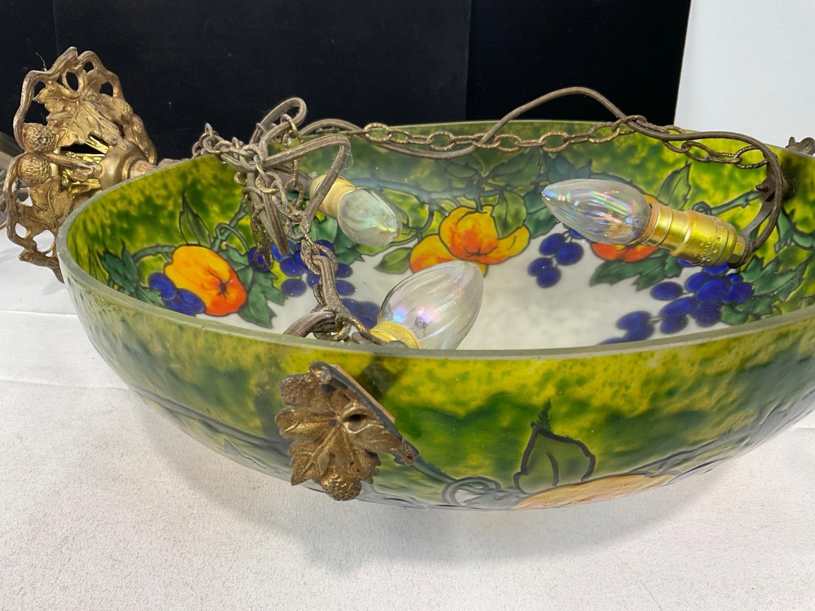 Chandelier w/Reverse Painted Glass Globe, Fruit Designs, Hardwired, untested - 5