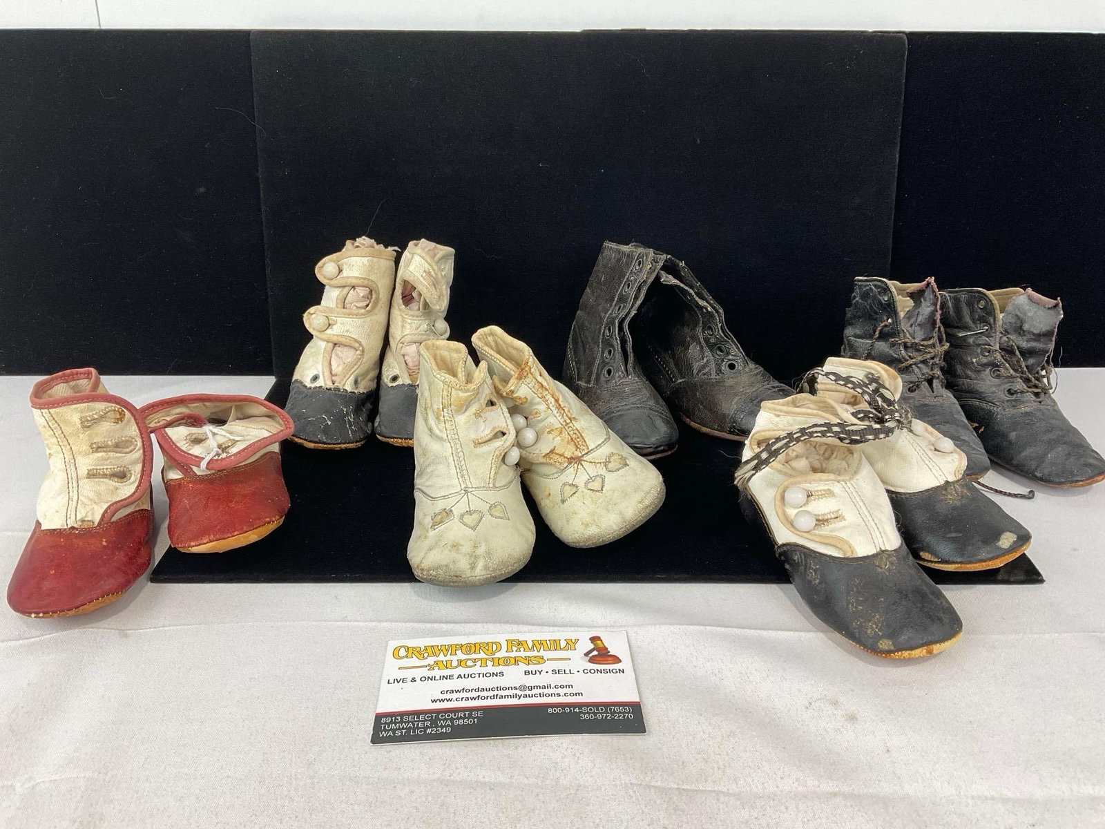 6 Pairs of Antique Asst Baby Shoes, Leather, Handmade, Black & White, 1 w/Red: Appears to be in good shape. The piece measures approx 6h x 10w x 9d inches. See pics. E-5520 