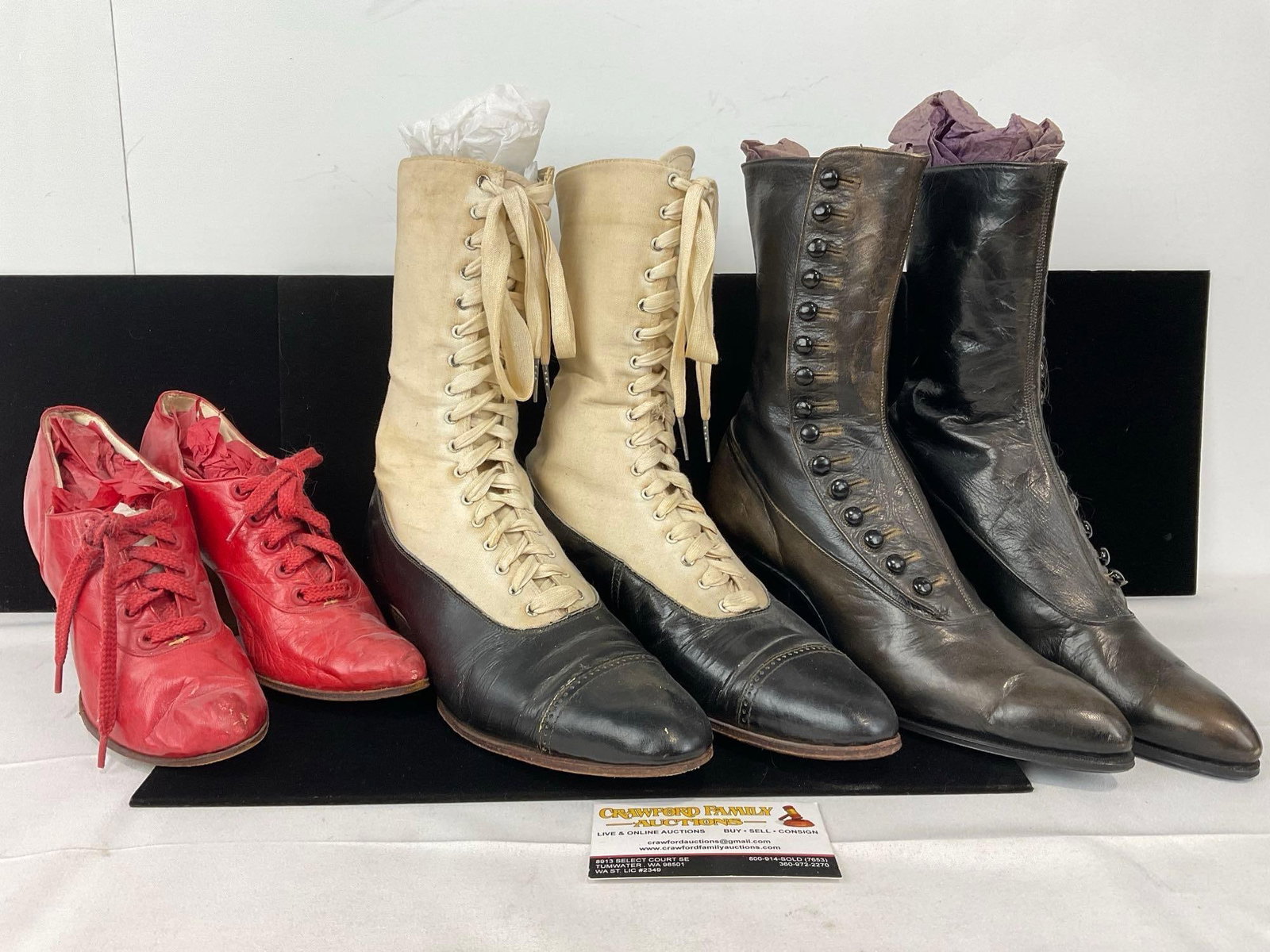 3 Pairs of Antique Shoes, Cloth-Top Boots, Victorian Button Boots & Red Leather Oxfords w/ Heel: One is marked by shoe manufacturer Harry H Gray Syracuse NY Appears to be in fair to good shape, some signs of age. The piece measures approx 10h x 14w x 10d inches. See pics. E-5520 