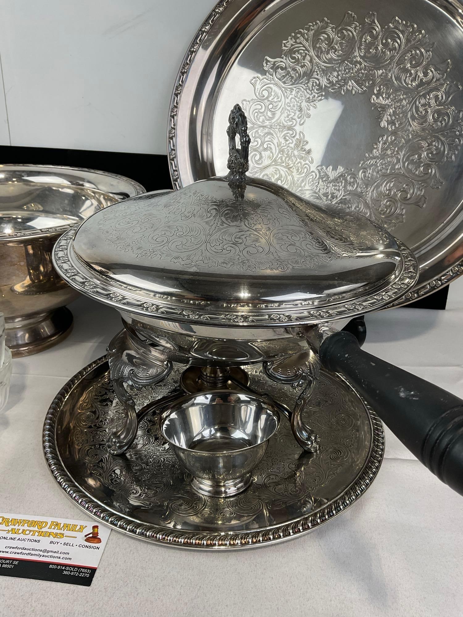 Oneida & Intl. Silver Co. Silver Plate Chafing Dish w/burner, Serving Plate, Punch Bowl w/12 cups - 4