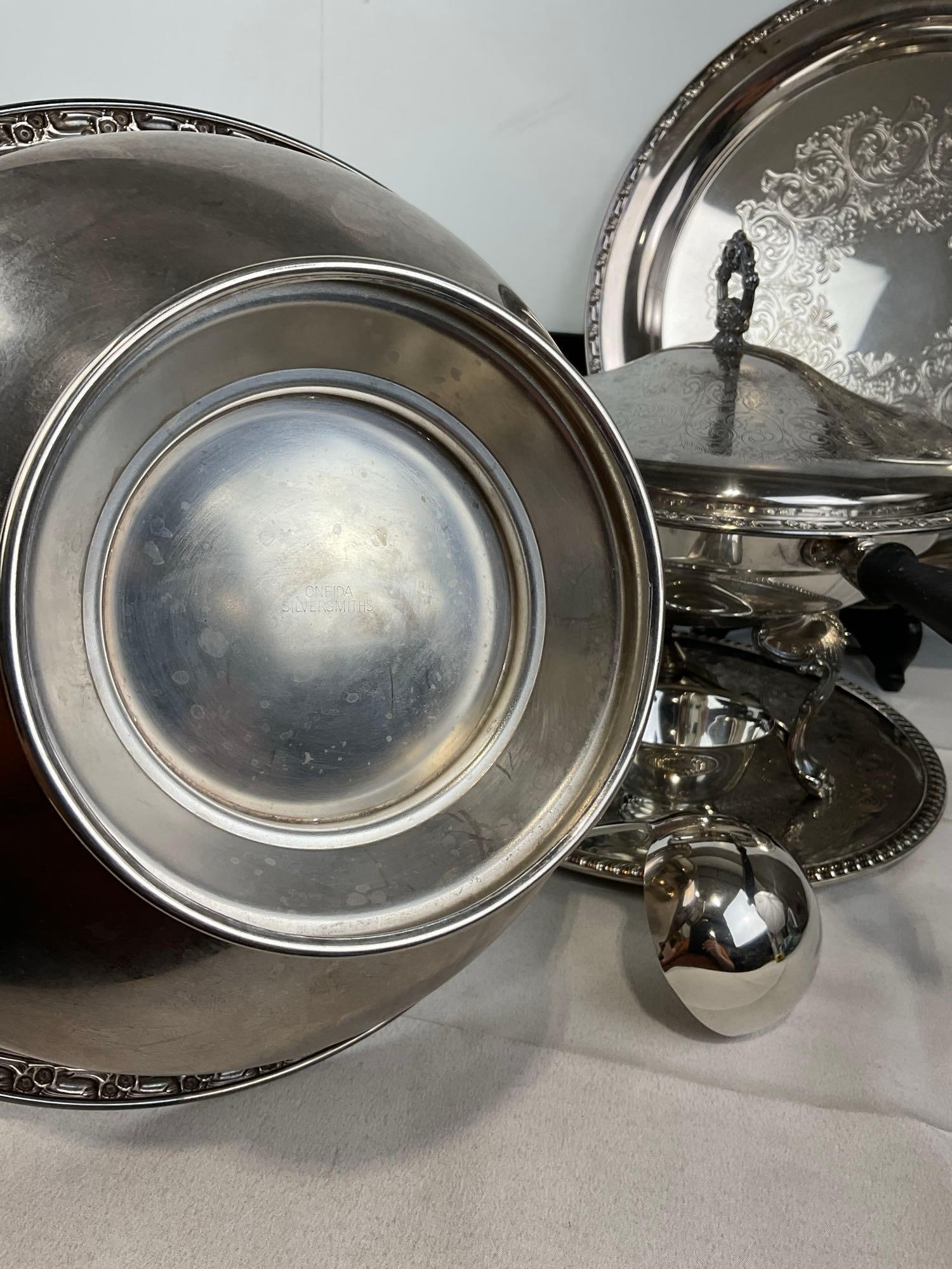 Oneida & Intl. Silver Co. Silver Plate Chafing Dish w/burner, Serving Plate, Punch Bowl w/12 cups - 6