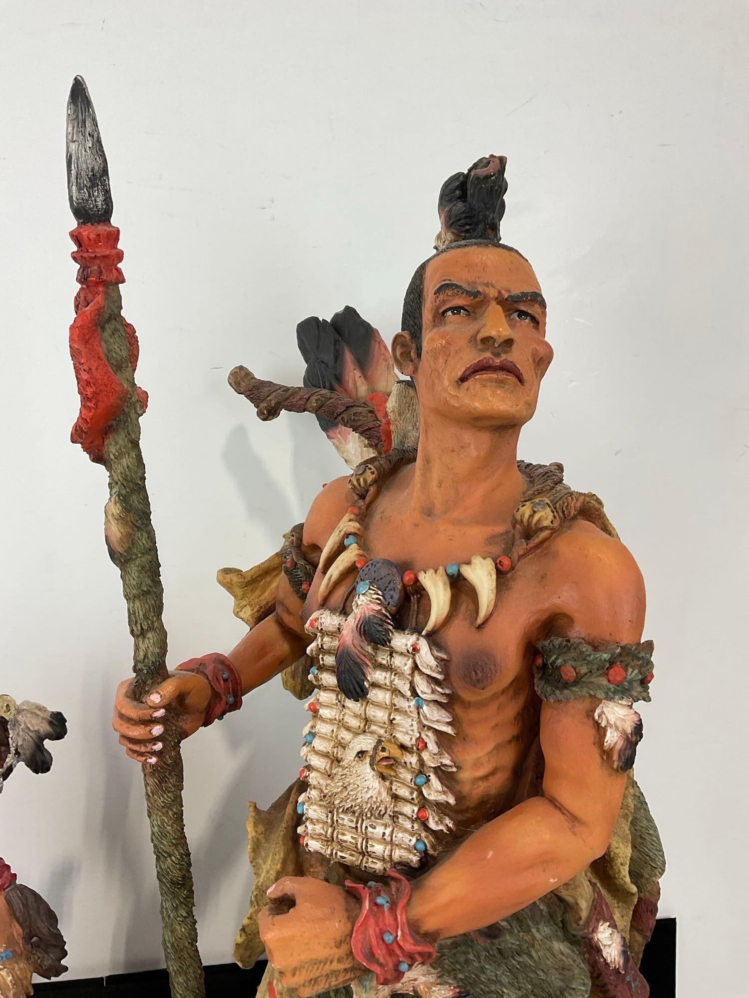 2 Large Native American Figurines, 27h x 15w x 13d inches, Warriors w/Spears, 1 Horseback - 2