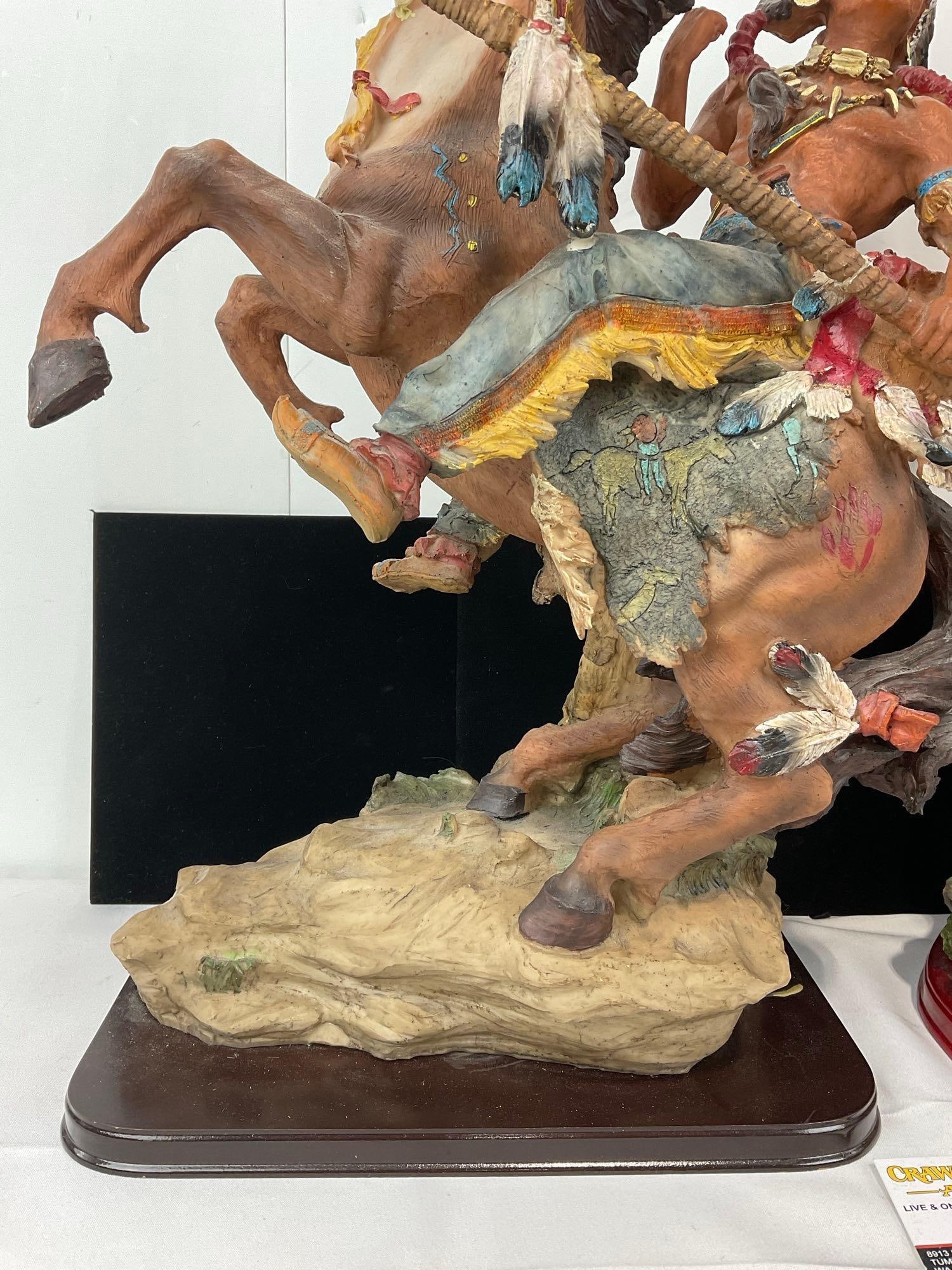2 Large Native American Figurines, 27h x 15w x 13d inches, Warriors w/Spears, 1 Horseback - 5