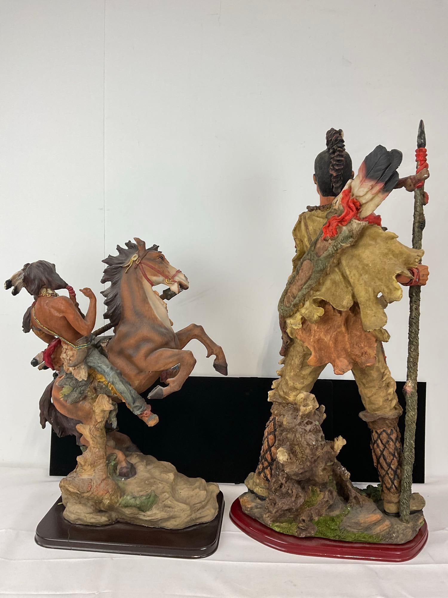 2 Large Native American Figurines, 27h x 15w x 13d inches, Warriors w/Spears, 1 Horseback - 7
