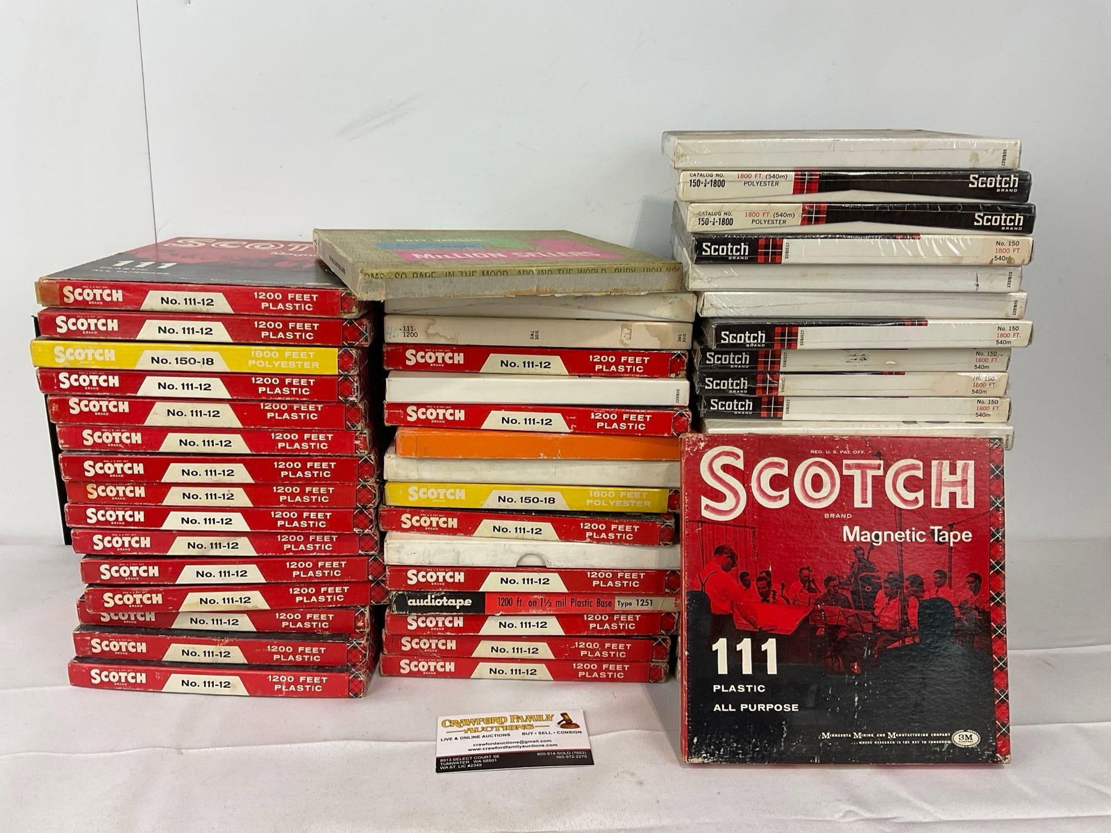 32 Audioreels w/recordings & 21 Sealed Scotch 1800 Foot Reels, all in box: Appears to be in good shape. The piece measures approx 15h x 17w x 13d inches. See pics. E-5580 Note:Reel to reels were used with lot 116 which is a Dokorder Denki Onkyo Model 7020 Reel to Reel