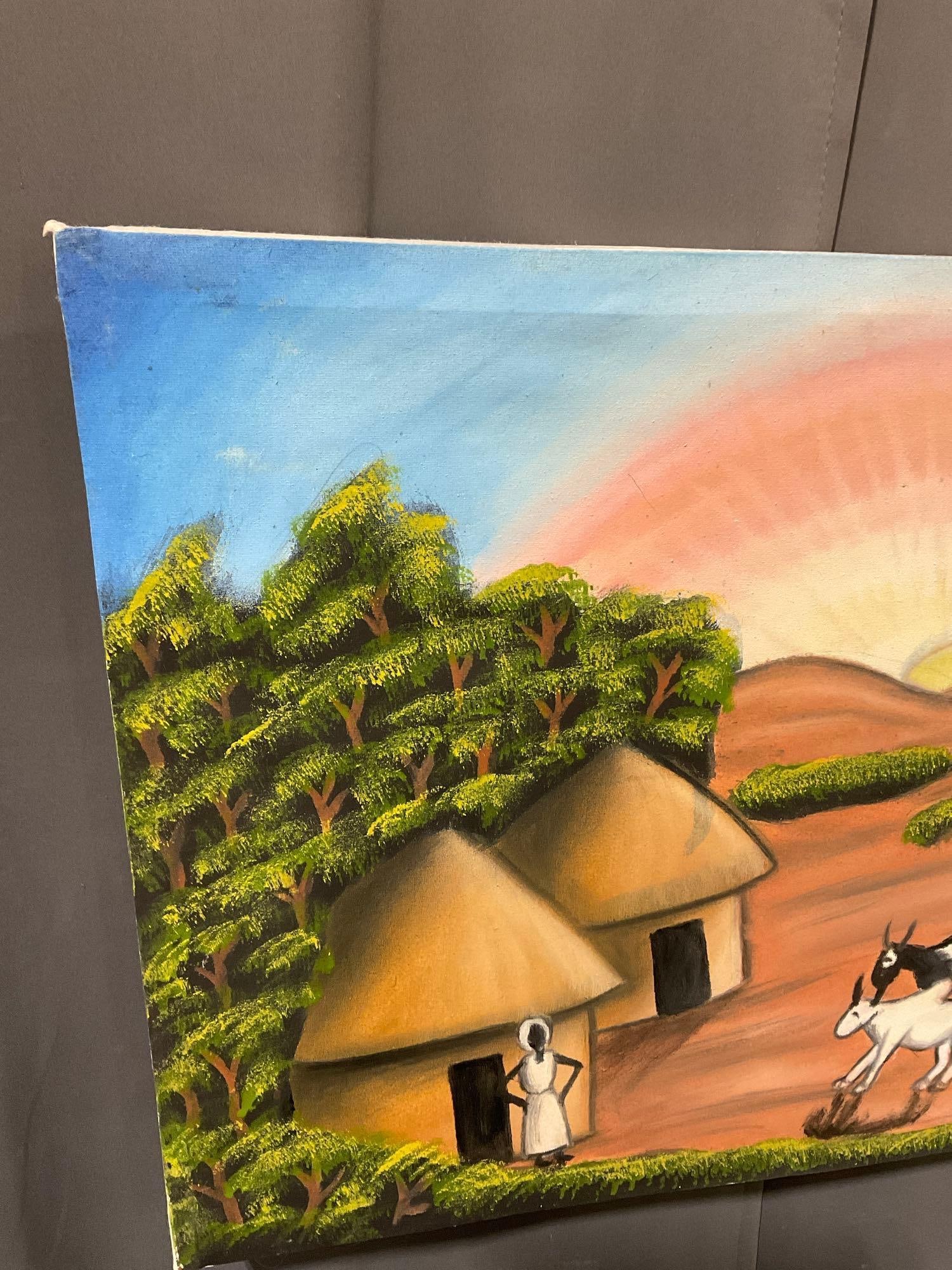 Vintage Ethiopian African Oil on Canvas, Village Scene, 19h x 23w x 3d inches - 2