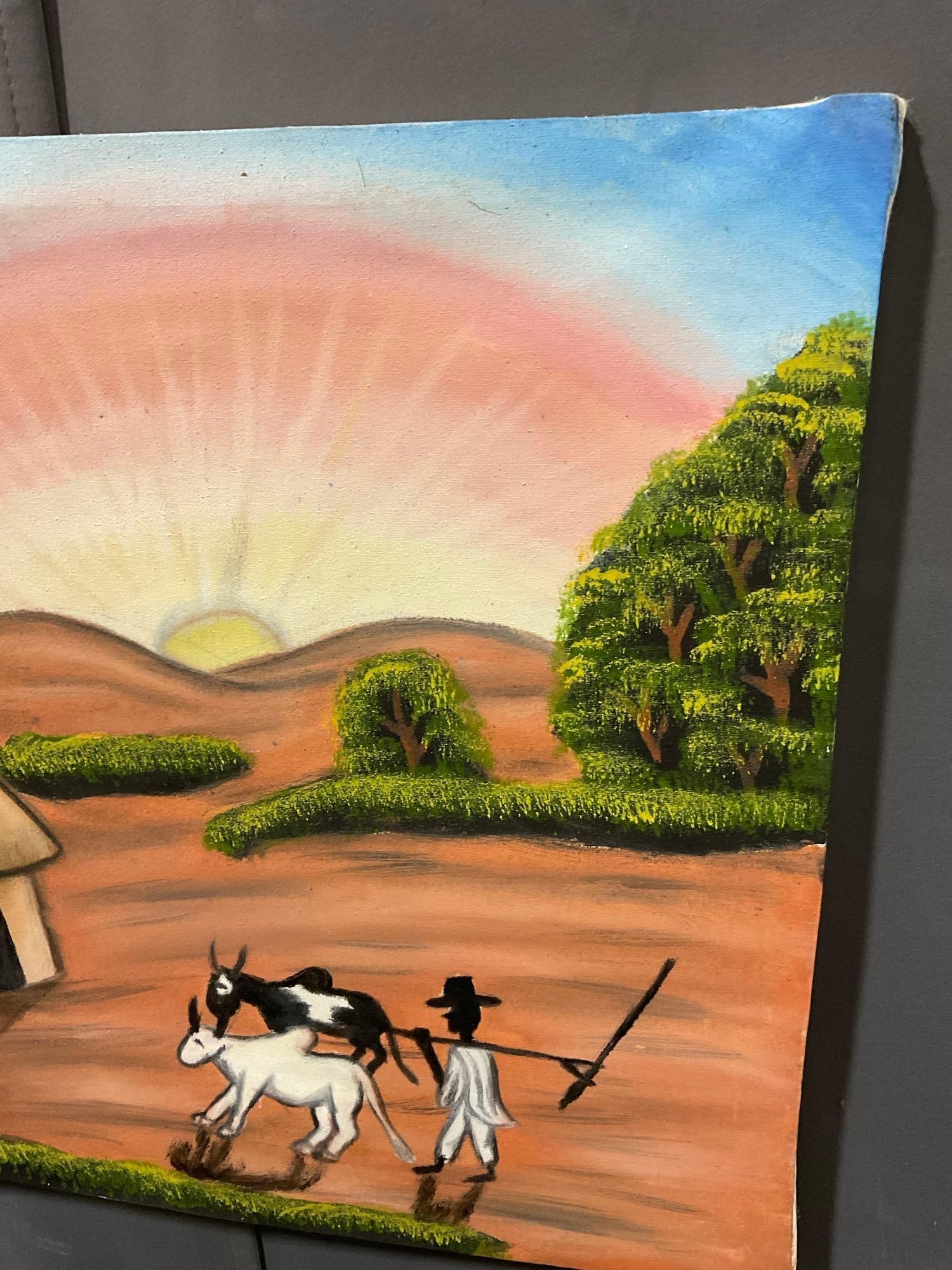 Vintage Ethiopian African Oil on Canvas, Village Scene, 19h x 23w x 3d inches - 3