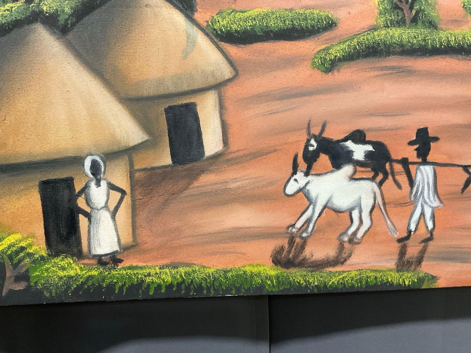 Vintage Ethiopian African Oil on Canvas, Village Scene, 19h x 23w x 3d inches - 4