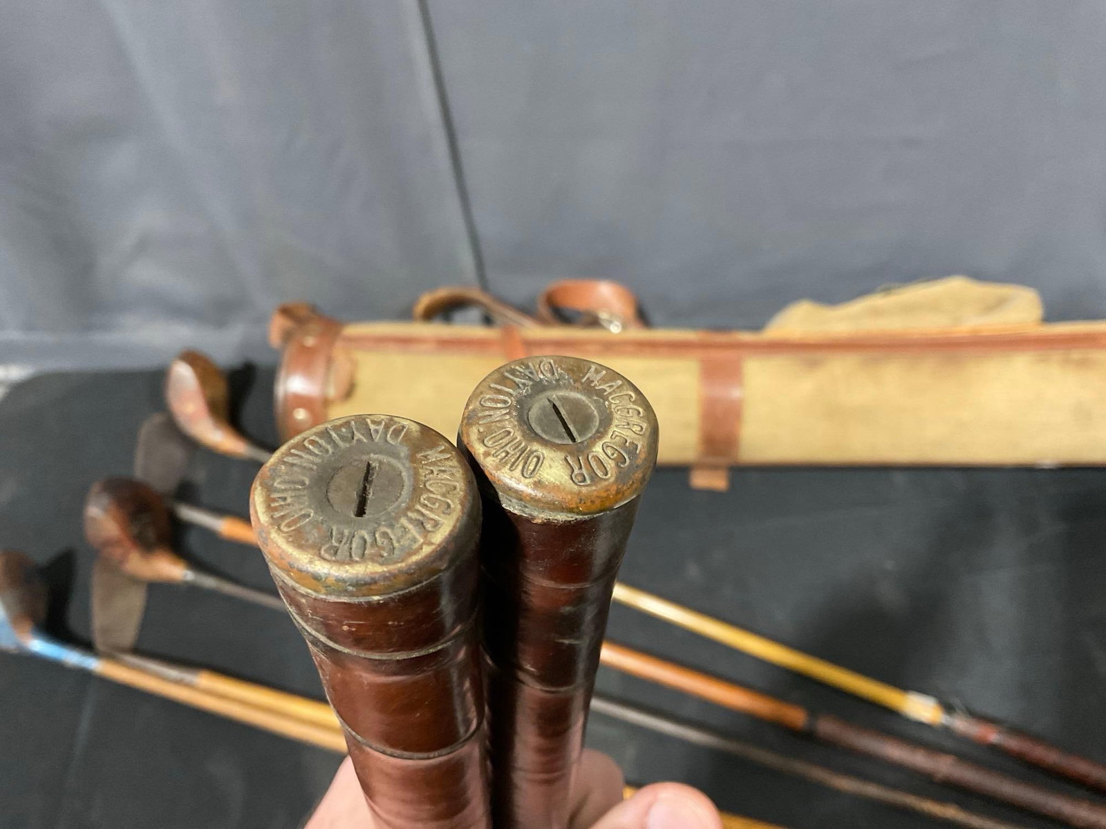 7 Vintage/Antique Golf Clubs w/Cloth & Leather bag, MacGregor, 40 angle Mashie & more - 5