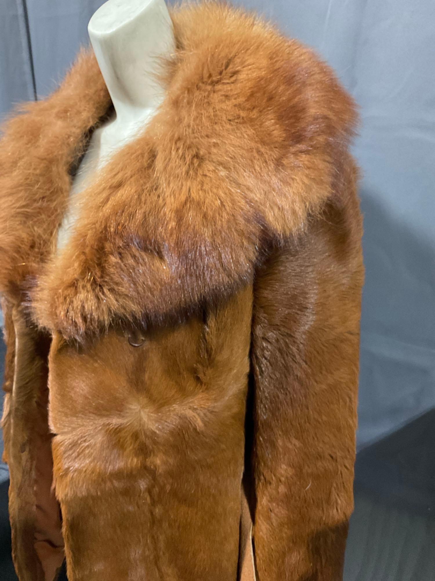 Vintage Womens Copper Brown Fox Fur Coat, Big Fluffy Collar, 35h x 20w inches - 2