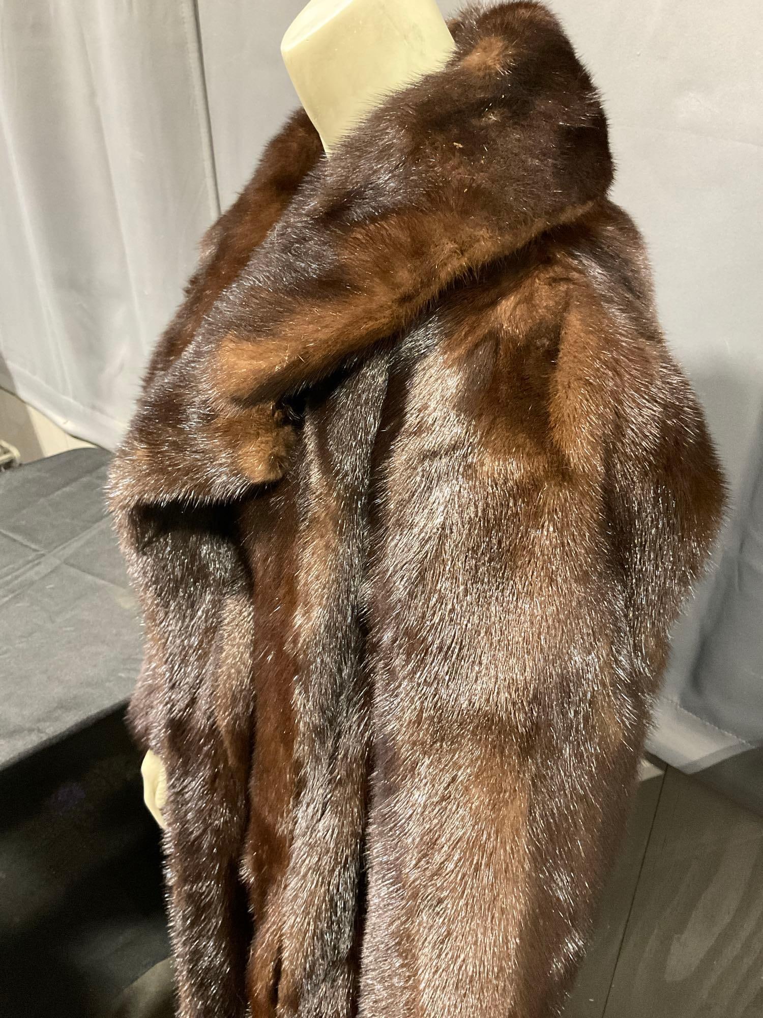 Vintage Mid Century Brown Mink Fur Coat, 43h x 18w inches, Embroidered Liner - 3