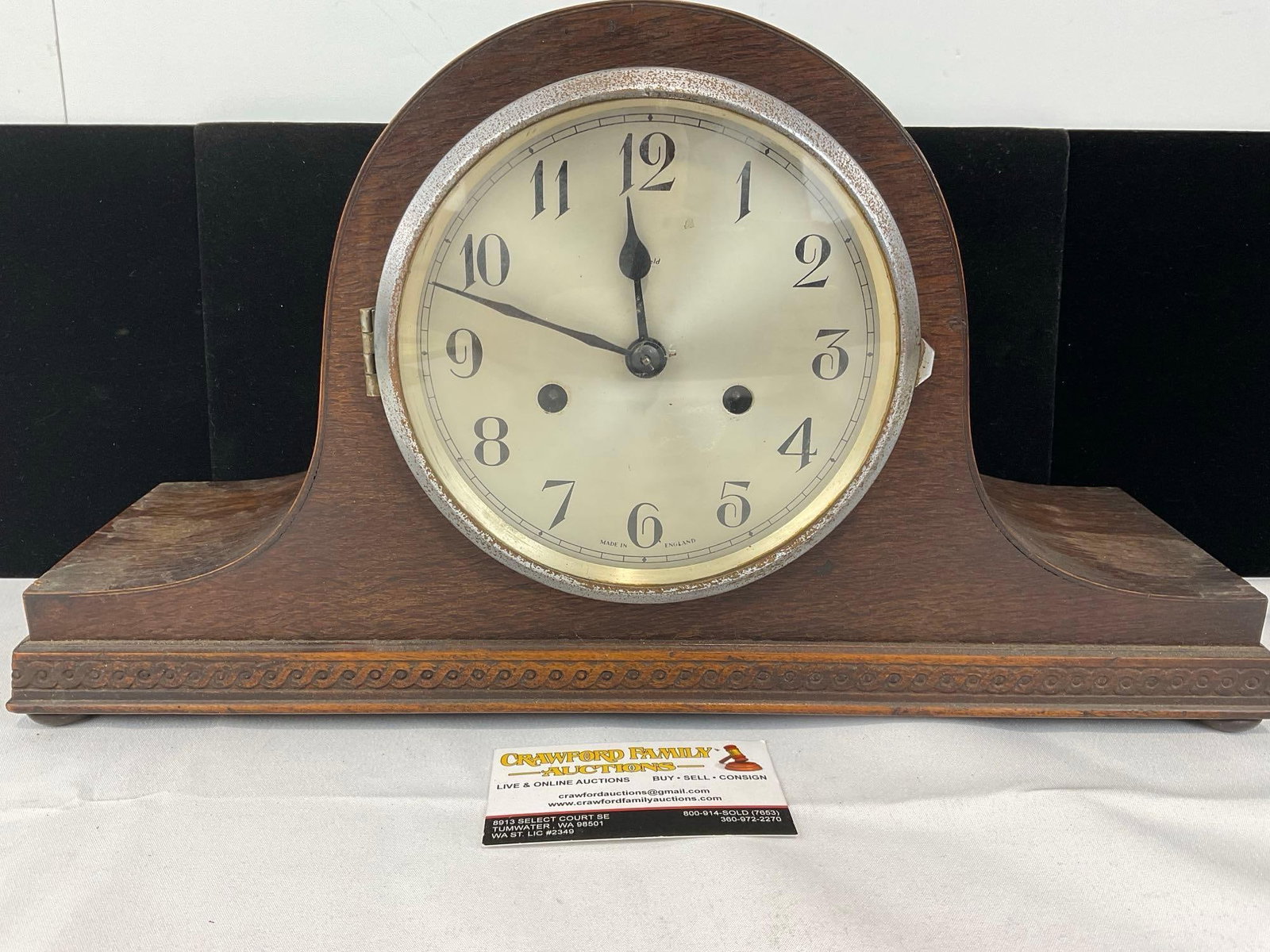 Vintage Early 20th Century British Enfield Time Strike Mantel Humpback Clock, 10h x 17w x 6d inches: All from the same collection. Appears to be in fair to good shape. The piece measures approx 10h x 17w x 6d inches. See pics. E-5580 