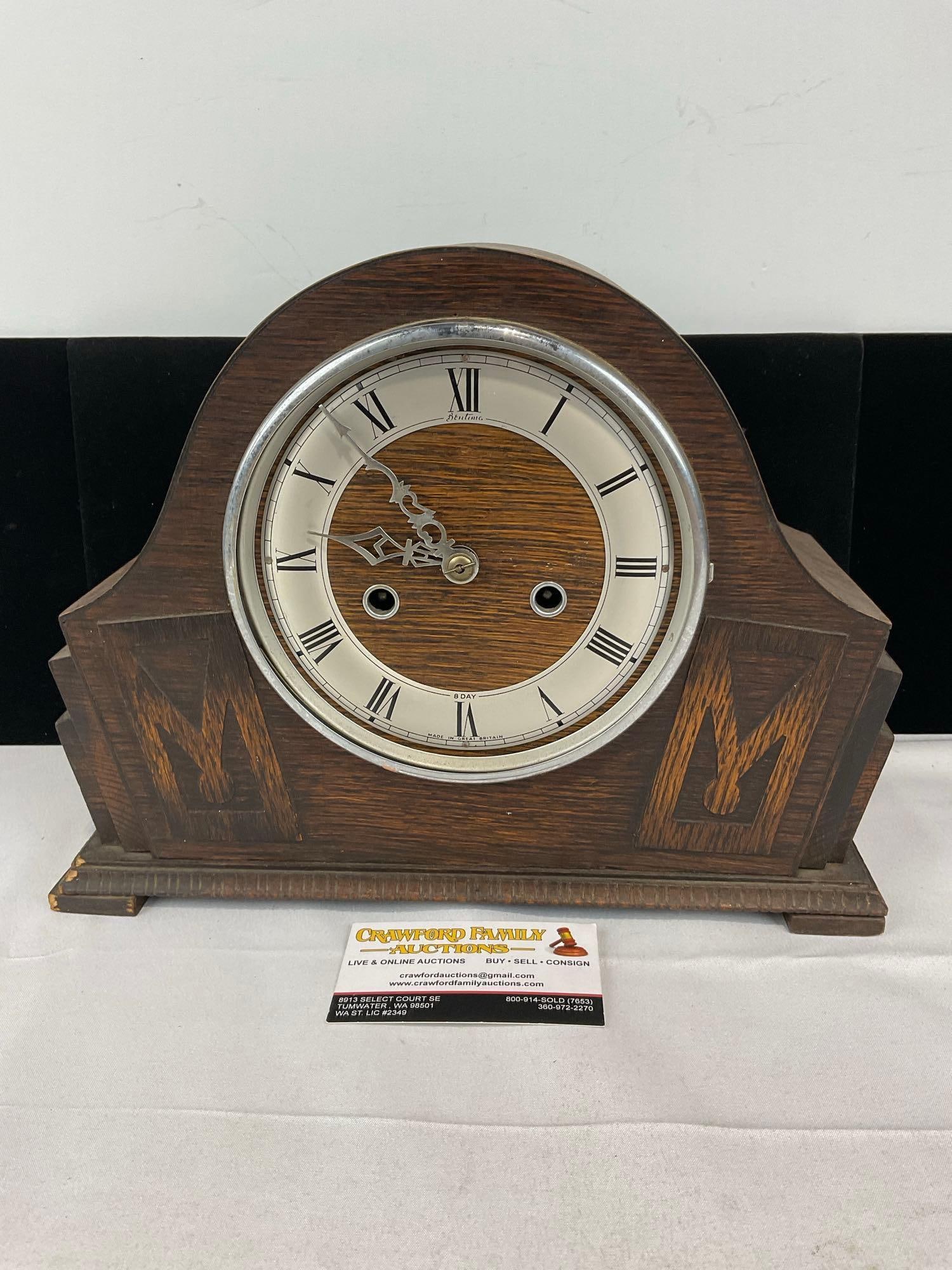 Antique British Smiths Enfield Oak Wood Time Strike Mantel Clock, no glass Cover, 10x13x6 inches: All from the same collection. Appears to be in fair to good shape. The piece measures approx 10h x 13w x 6d inches. See pics. E-5580