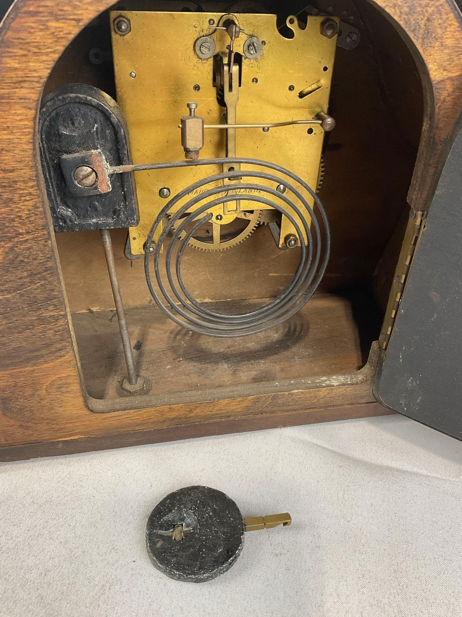 Antique British Smiths Enfield Oak Wood Time Strike Mantel Clock, no glass Cover, 10x13x6 inches - 4