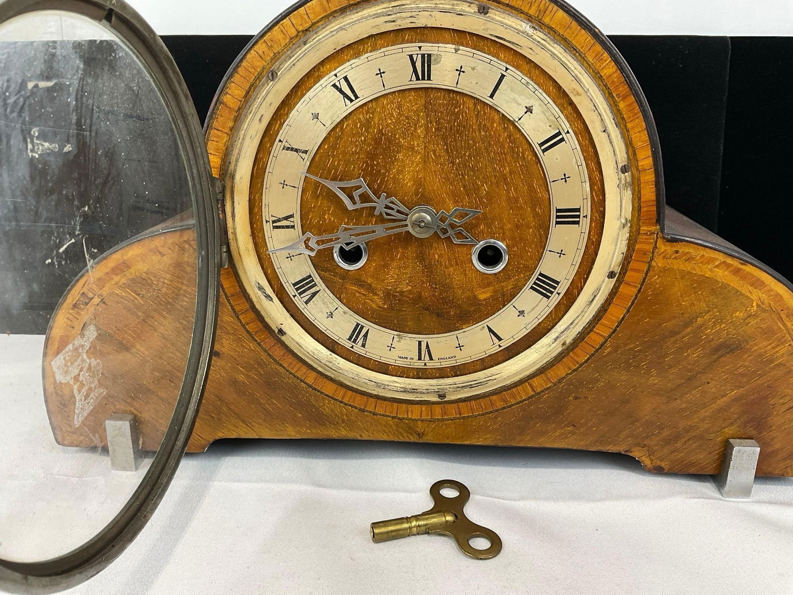 Antique British Enfield Mantel Clock w/Key, Time Strike Humpback, 9h x 14w x 7d inches - 2