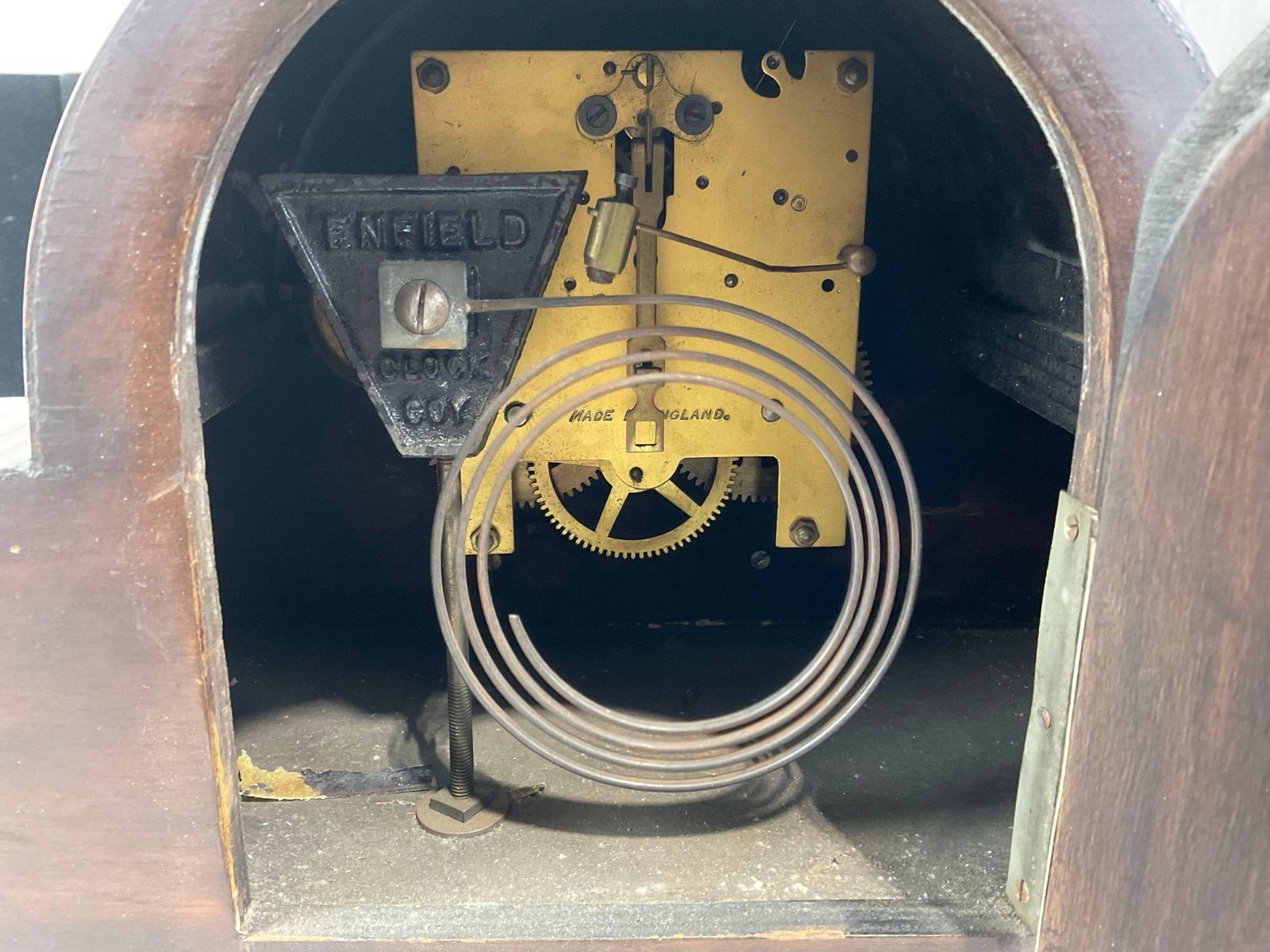 Antique British Enfield Mantel Clock w/Key, Time Strike Humpback, 9h x 14w x 7d inches - 5
