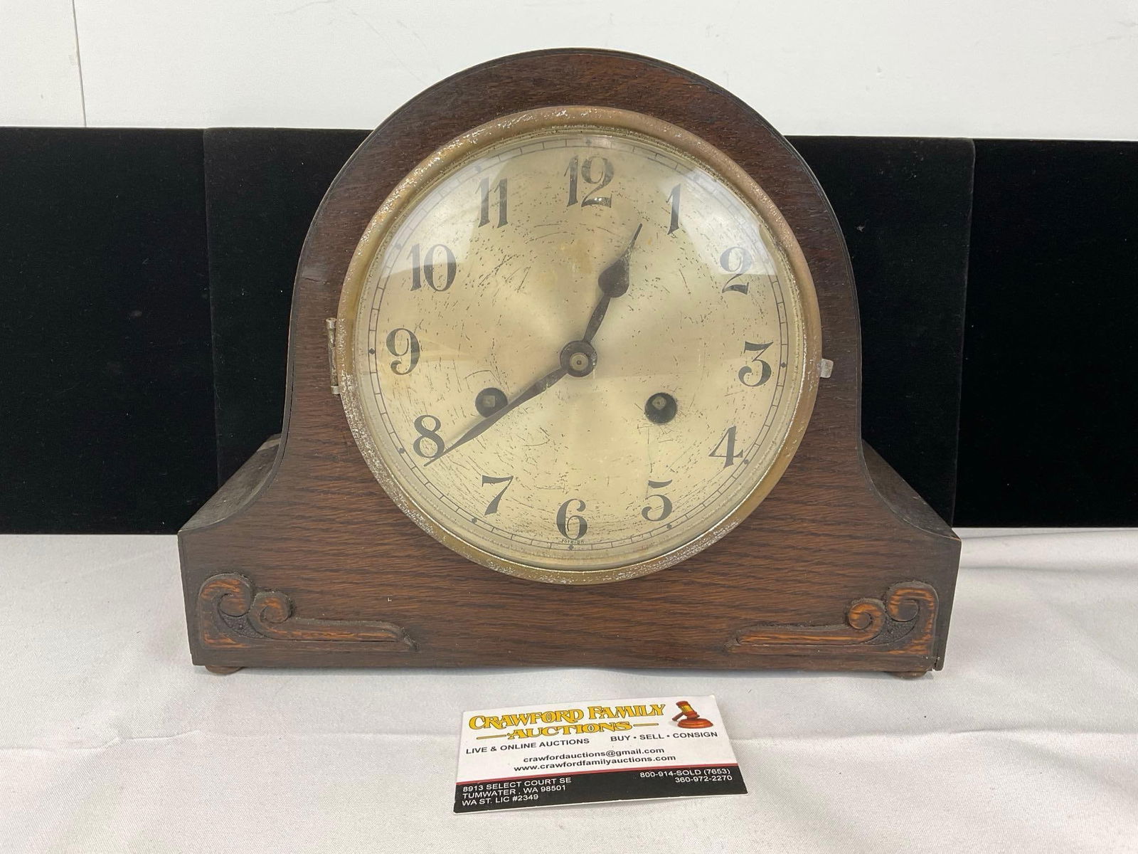 Antique English Mantel Clock, Humpback Time Strike w/key 10h x 12w x 6d inches: All from the same collection. Appears to be in fair to good shape. The piece measures approx 10h x 12w x 6d inches. See pics. E-5580 