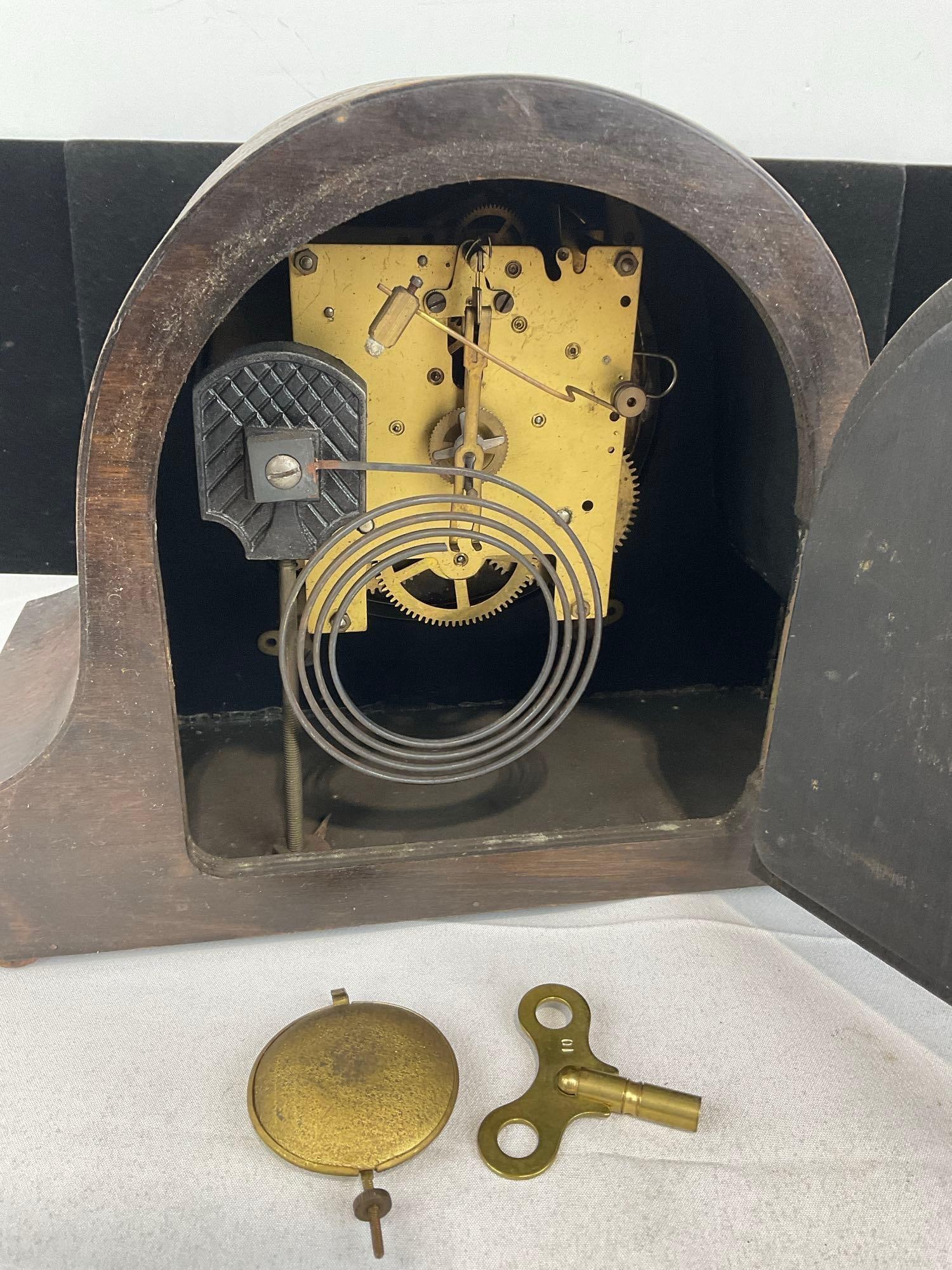 Antique English Mantel Clock, Humpback Time Strike w/key 10h x 12w x 6d inches - 5